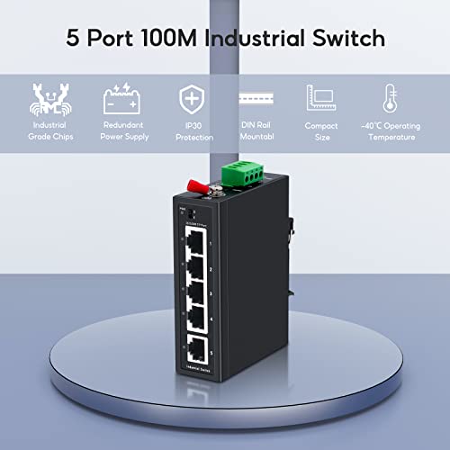 Upgrade 5 Port Industrial Din-Rail Ethernet Switch,4 Ports And 1 Uplink, 10/100Mbps Fast Ethernet, Din-Rail & Wall Mount Included,Ip30 Industrial Switch