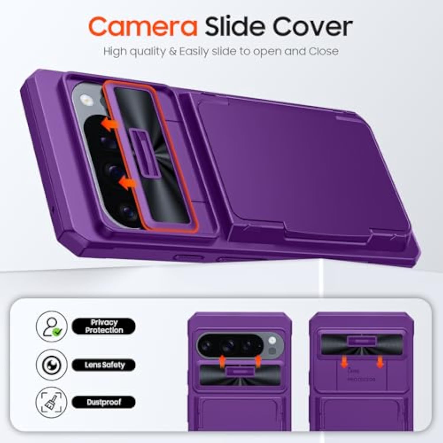 Purple Google Pixel 9 Pro XL Case with Card Holder, Sliding Camera Cover, Kickstand, RFID Blocking, Military Drop Protection, TPU Edge Wallet Case