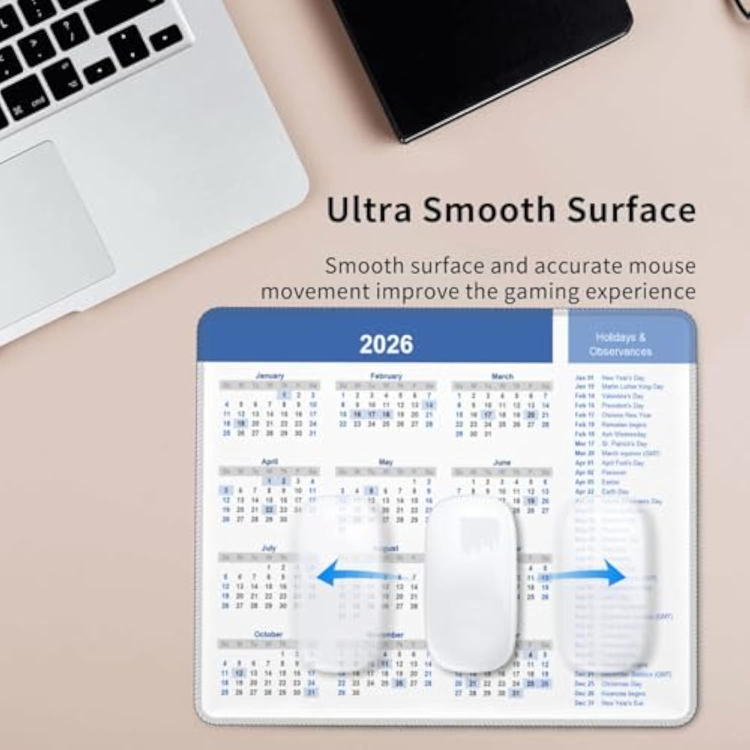 2026 Calendar Mouse Pad, Calendar With Holiday Mouse Pad For Desk, Stitched Edge Mousepad With Non-Slip Rubber Base, Gaming Mouse Mat For Computer Laptop Home Office