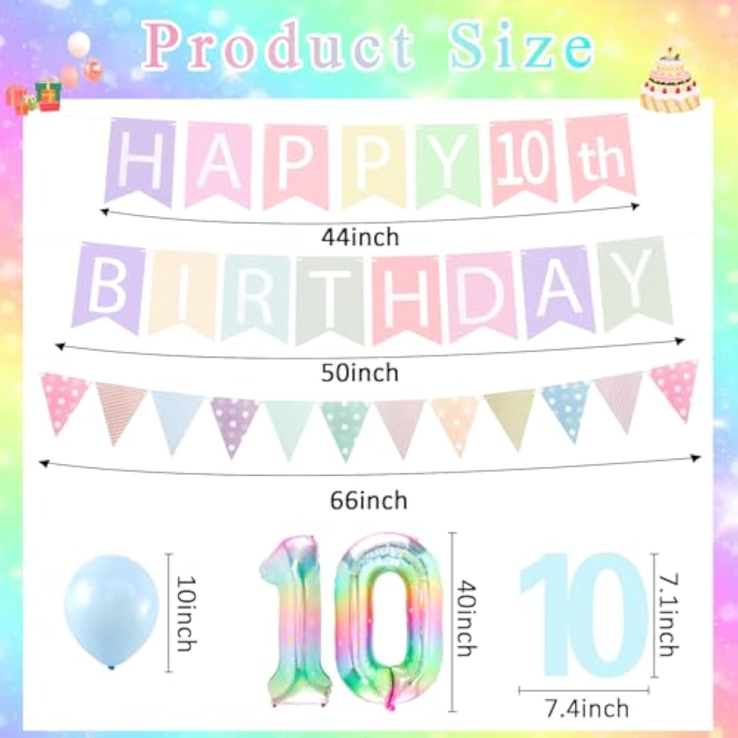 10Th Birthday Decorations For Girls Set - 10 Year Old Girl Birthday Decorations Happy 10Th Party Banner Triangle Flag Hanging Swirls Streamers, 40 Inch Rainbow Gradient Number 10 Balloon
