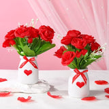 2 Pcs Valentine'S Day Vase Decor Roses Valentine'S Day Tiered Tray Mini Floral Arrangement Valentines Tiered Tray Decor Mini Roses Vase Fake Floral Bunch Decorations For Party Supplies