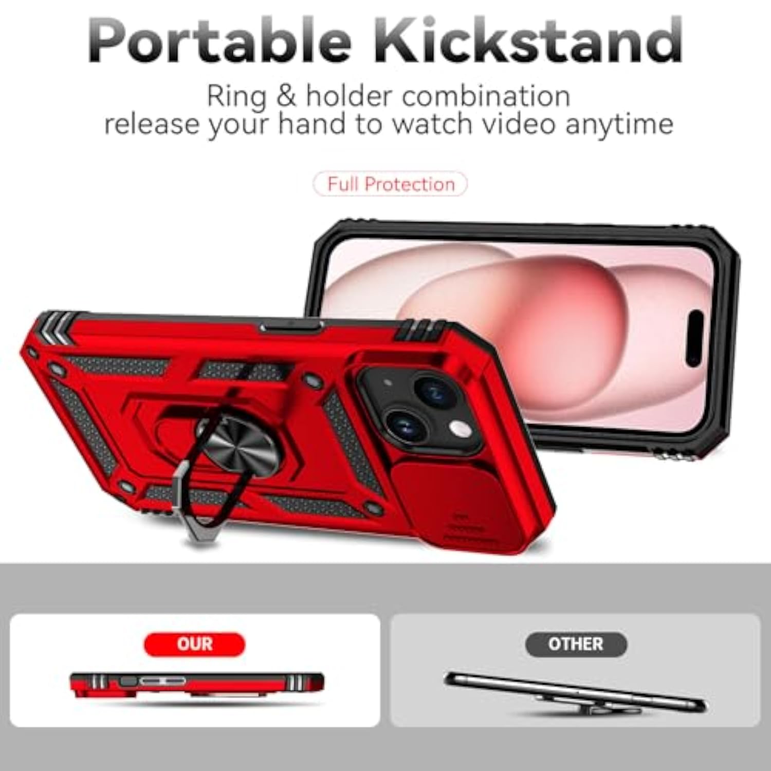 iPhone 15 Case with HD Screen Protector & Slide Camera Cover & Rotated Ring Kickstand, Military-Grade Phone Case for iPhone 15, Red