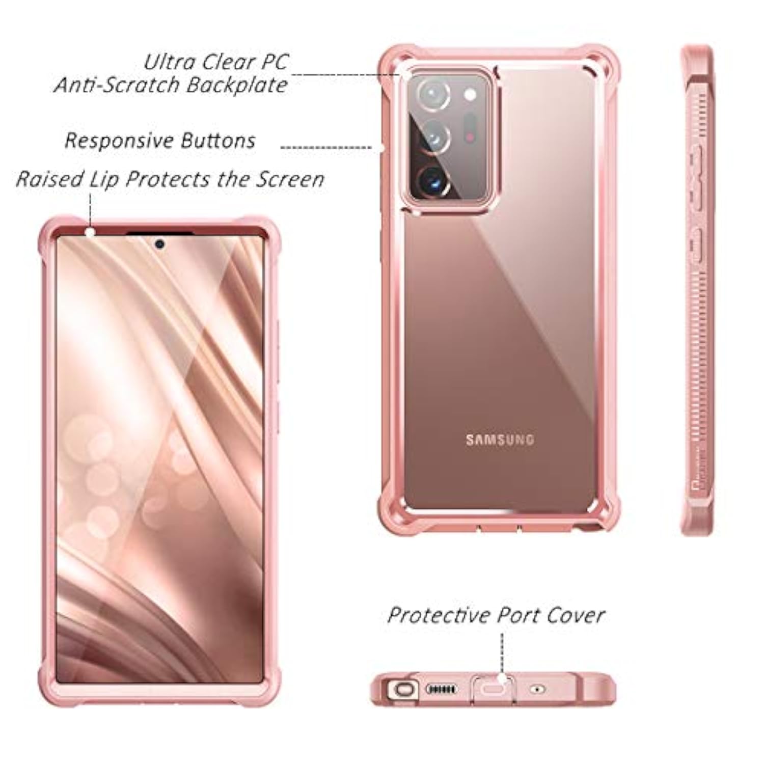 For Galaxy Note 20 Ultra Case With Screen Protector Clear Electroplated Metal 360 Full Body Rugged Protective Shockproof Hard Cover Heavy Duty Defender Bumper For Samsung Note 20 Ultra 5G Pink