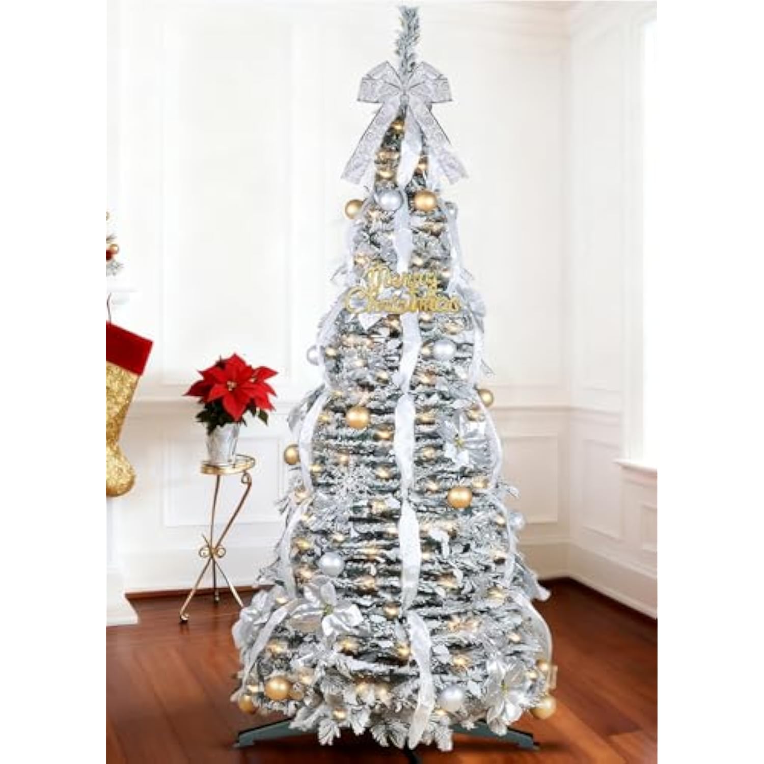 6 Ft Flocked Pop Up Christmas Tree,Prelit 200 Led Lights,Opens Instantly,Fully Decorated 80 Ornaments,8 Mode Warm White Light & Timer,Foldable Xmas Tree Fire-Resistant Collapsible Outdoor Indoor Decor