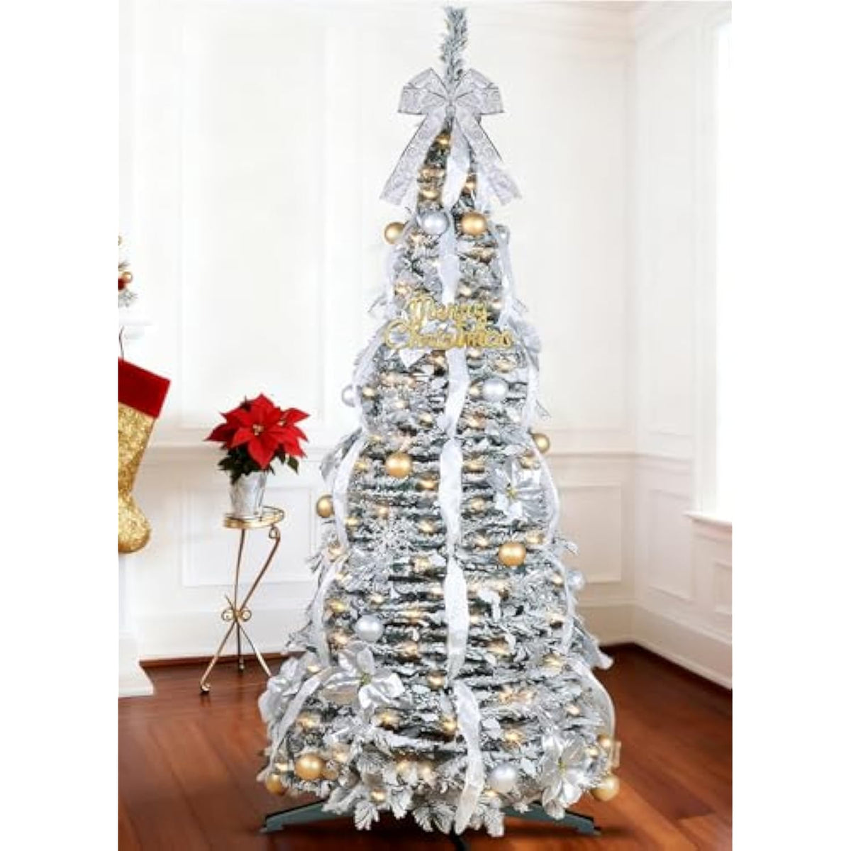 6 Ft Flocked Pop Up Christmas Tree,Prelit 200 Led Lights,Opens Instantly,Fully Decorated 80 Ornaments,8 Mode Warm White Light & Timer,Foldable Xmas Tree Fire-Resistant Collapsible Outdoor Indoor Decor
