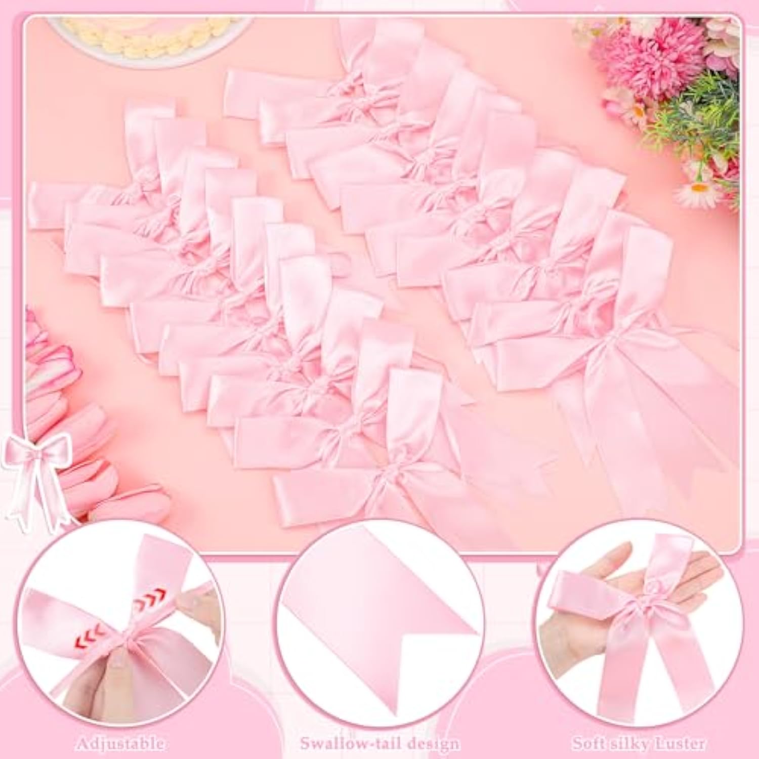 2 Pcs Pink Bow Garland Banner, Pink Satin Ribbon Party Decorations Pre-Strung Bow Decor Banner For Wedding Bridal Shower Baby Shower Birthday Bachelorette Party