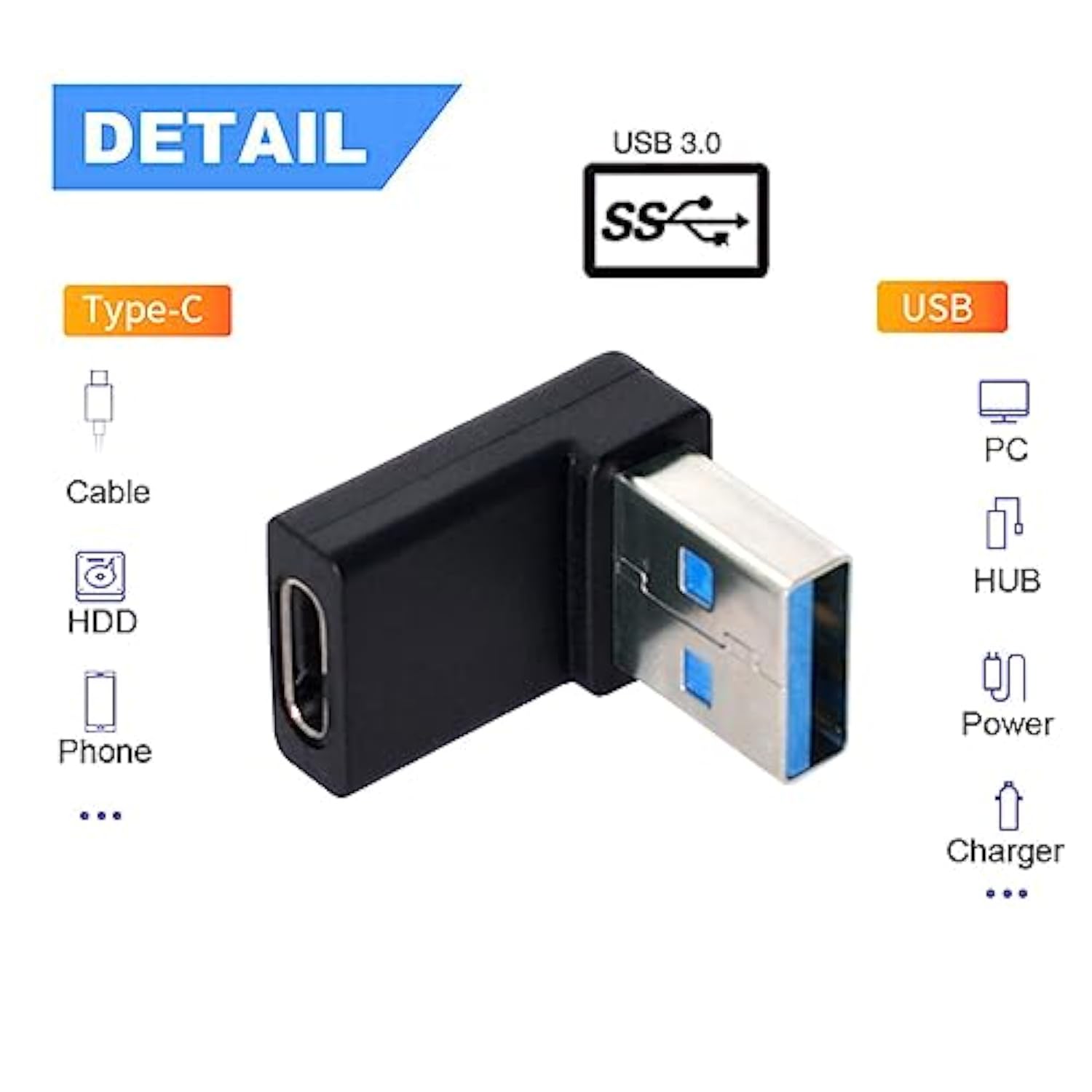 xiwai 90 Degree Down Angled USB-C Type C Female to USB 3.0 A Male Data Adapter