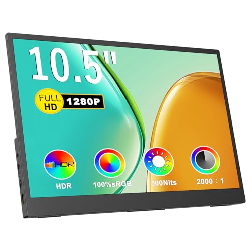 Small Portable Monitor 10.5" 500 Nits 2000:1 Fhd 1280P Ips Screen, Ultra-Slim Mini Monitor W/Kickstand & Dual Speaker, Usb C Hdmi Hdr Portable Gaming Monitor, Travel Monitors For Laptop Pcs