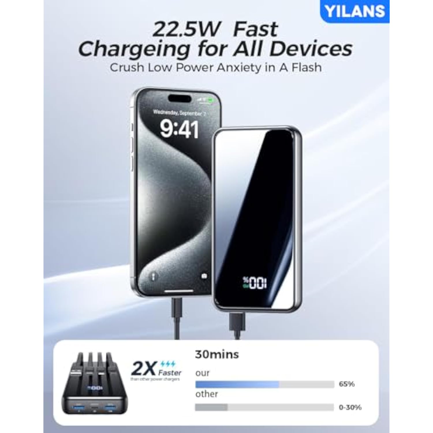 Portable Charger,50000Mah Power Bank Built-In Cable, 22.5W Pd Usb C In & Out Fast Charging, External Battery Pack With 6 Output & 2 Input, Travel Phone Charger For Iphone 17/16/15/14/13/12, Android