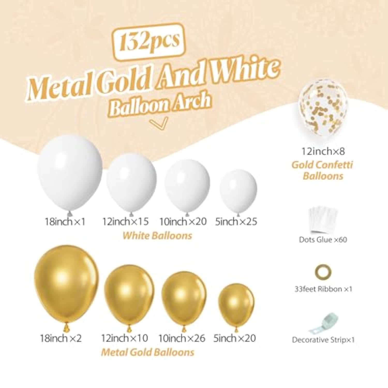 132Pcs White And Gold Balloon Arch Kit, Metallic Gold And White Balloons Different Sizes Of 18 12 10 Inch Balloons For Wedding Bridal Baptism Engagement Baby Shower Birthday Party Decorations