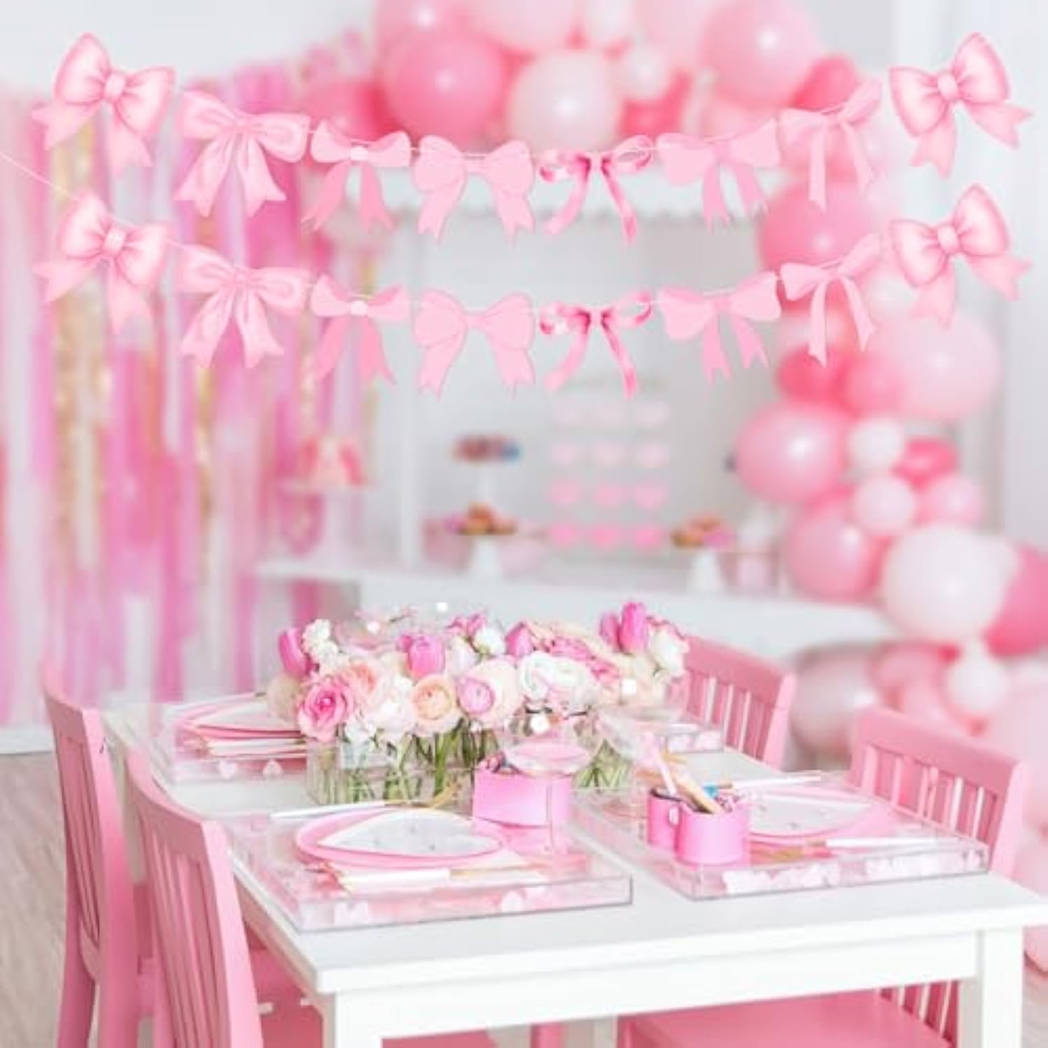 4Pcs Pink Bow Garland Banner, Pink Bow Banner Bow Party Decortions For Women Girls Bow Birthday Decorations Baby Shower Decor, Bridal Shower Wedding, Bows Party Decor