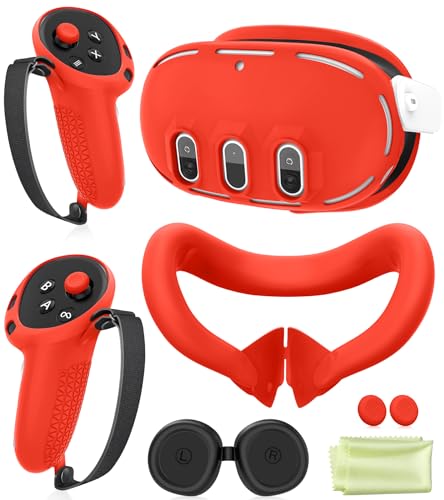 Silicone Cover Set Compatible With Meta Oculus/Quest 3, Vr Accessories Protective Cover Includes Controller Grips, Front Shell Headset Cover And Face Cover, Not Fit Quest 3S(Red)