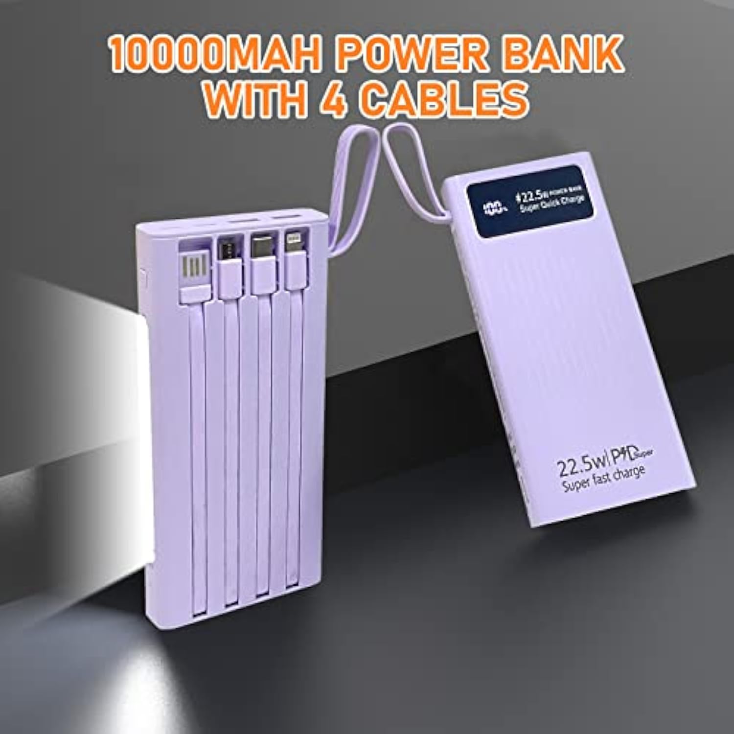 Portable Charger With Built In Cables, 10000Mah Power Bank With Led Lamp Fast Charging Usb C External Battery Pack Phone Charger With Led Display For Iphone, Samsung And Cell Phones(Purple)