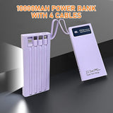 Portable Charger With Built In Cables, 10000Mah Power Bank With Led Lamp Fast Charging Usb C External Battery Pack Phone Charger With Led Display For Iphone, Samsung And Cell Phones(Purple)