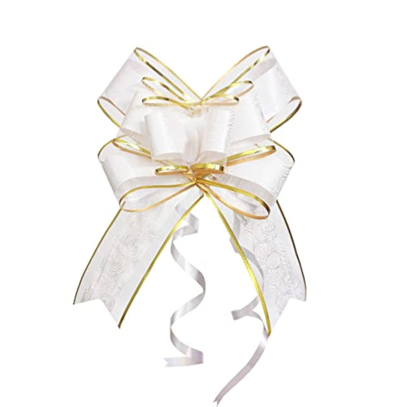 Pull Bows For Gift Wrapping, 15 Pcs Large Gift Bow Bulk For Presents Package, Gift Baskets, Christmas, Wedding, And Party Decor (White With Tulle & Gold Line, 6 Inches)
