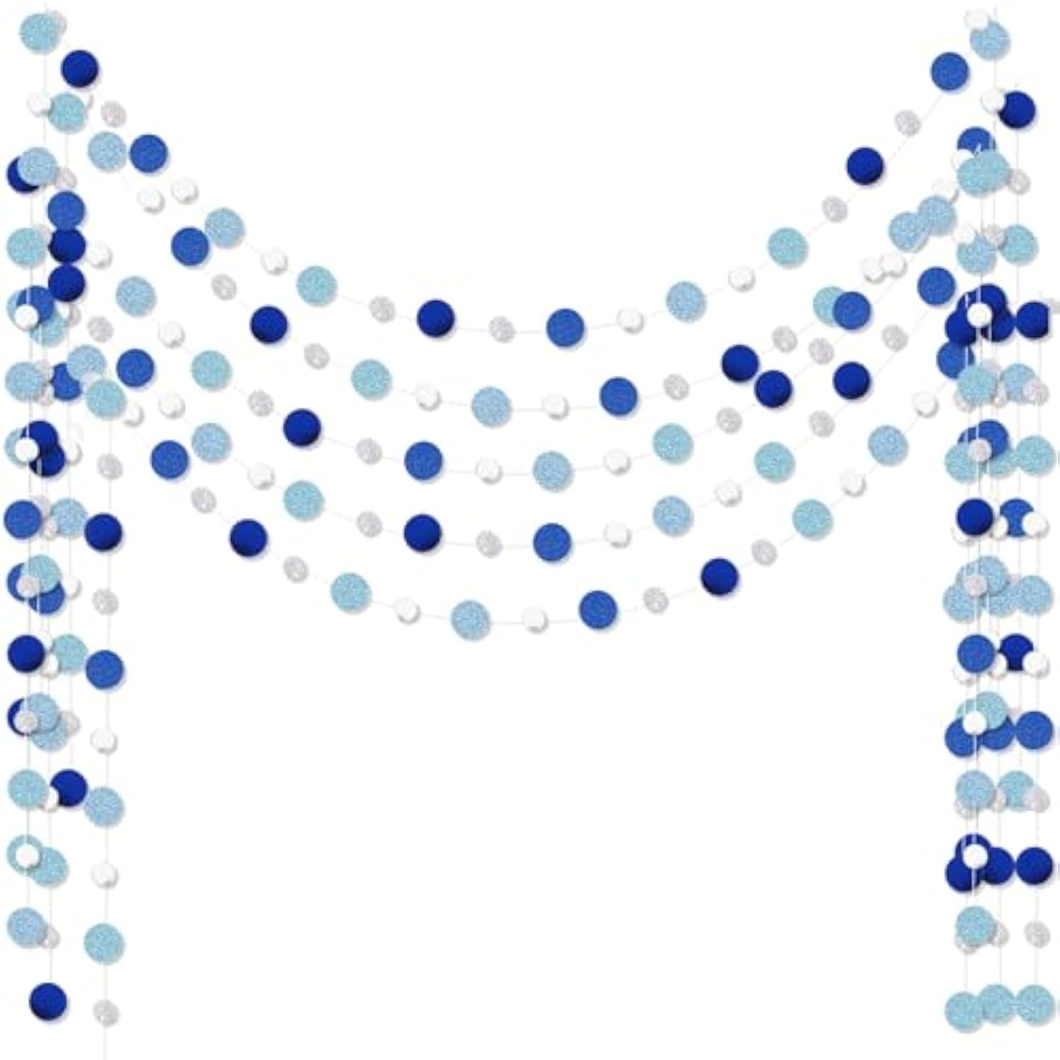 5 Pieces Round Dots Garland Hanging Party Decor Each Length 13.1Ft Glitter Paper Dot Streamers For Birthday Wedding Baby Shower Classroom Halloween Christmas (Silver,Blue)