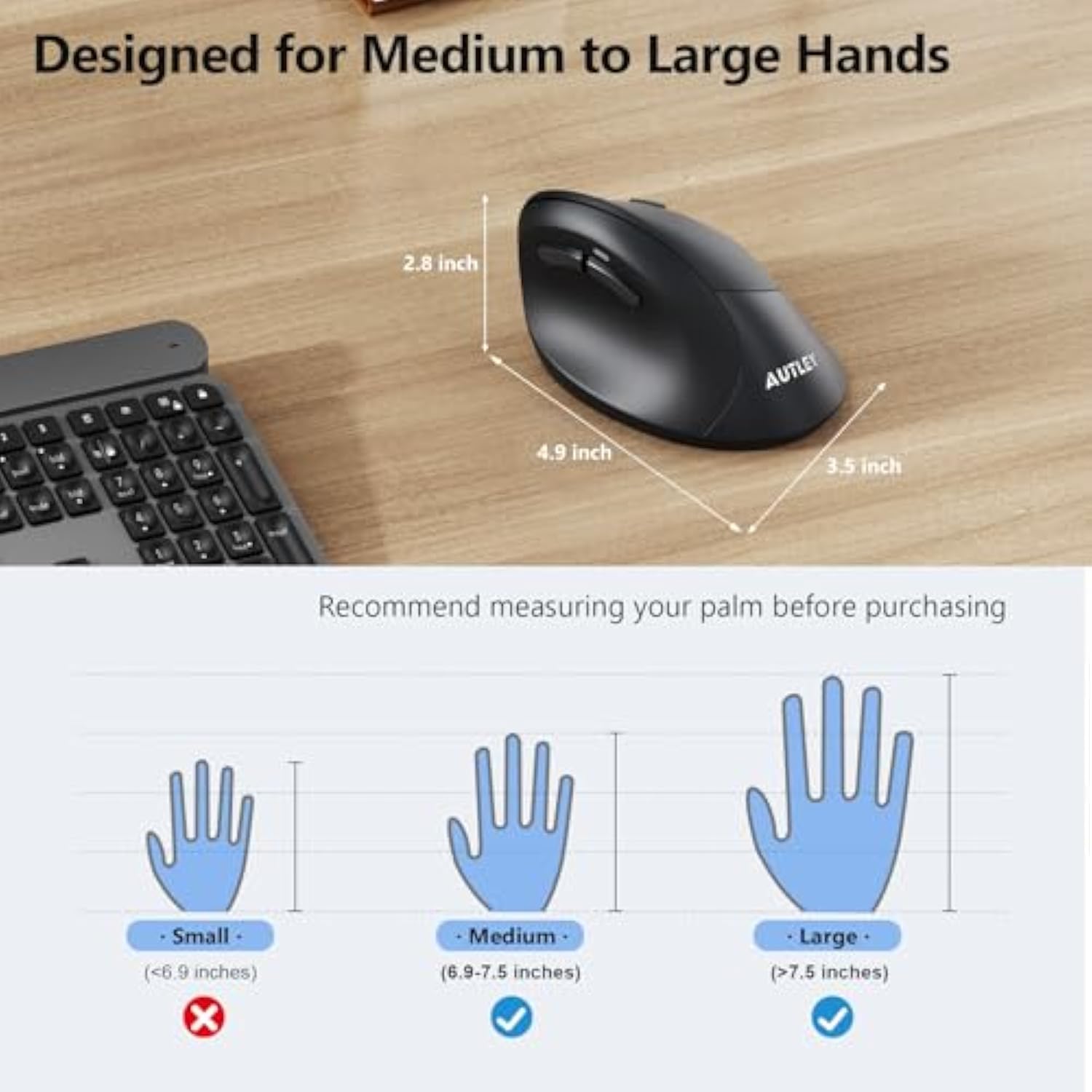 Ergonomic Mouse For Large Hands, Vertical Mouse, 2.4Ghz Wireless Computer Mouse For Windows/Macos - 6 Buttons, Low Power Warning, 800/1200/1600 Dpi, Black