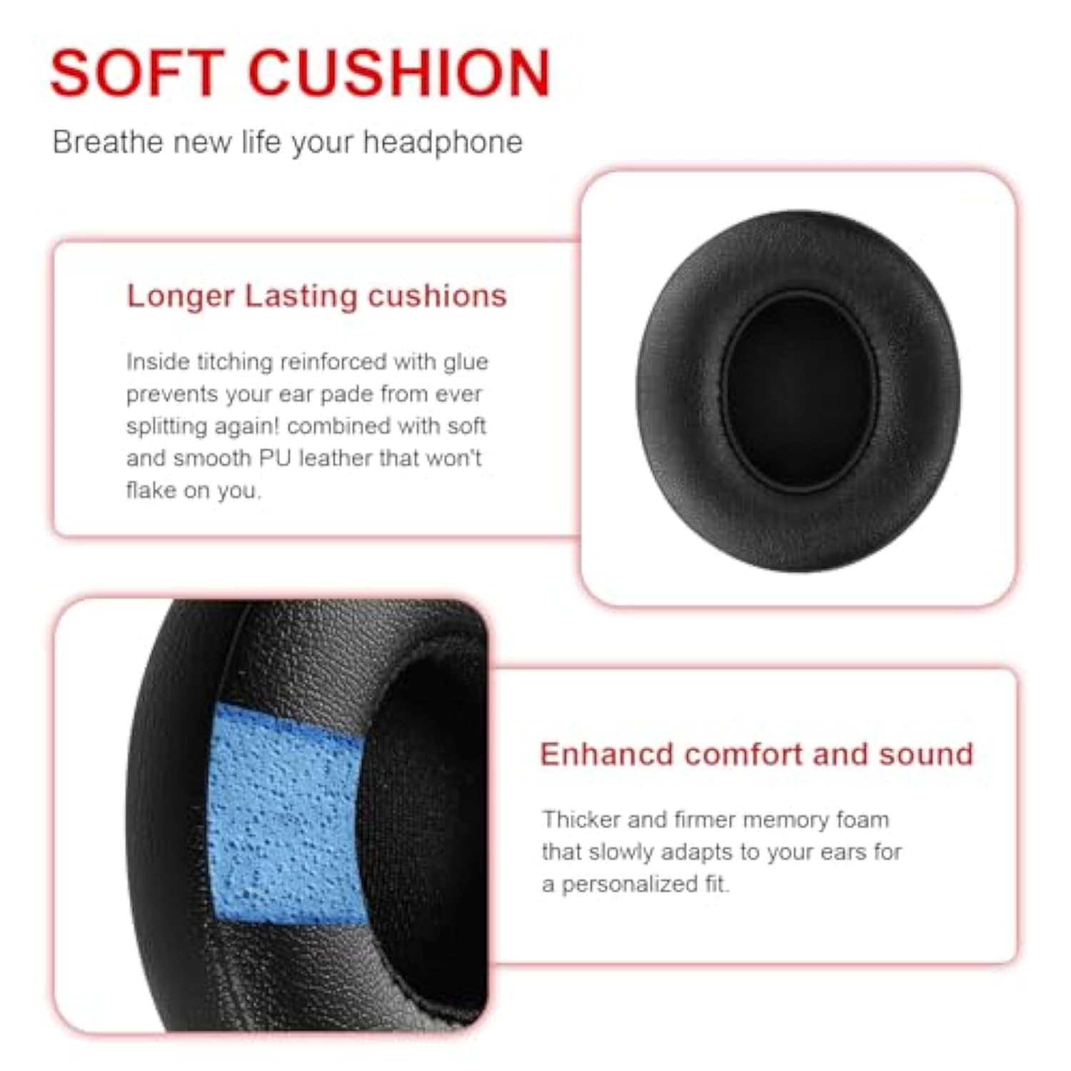 Solo 3 Replacement Ear Pads Compatible With Beats Solo 2 & Solo 3 Wireless On-Ear Headphones, Memory Foam Ear Cushions, Black