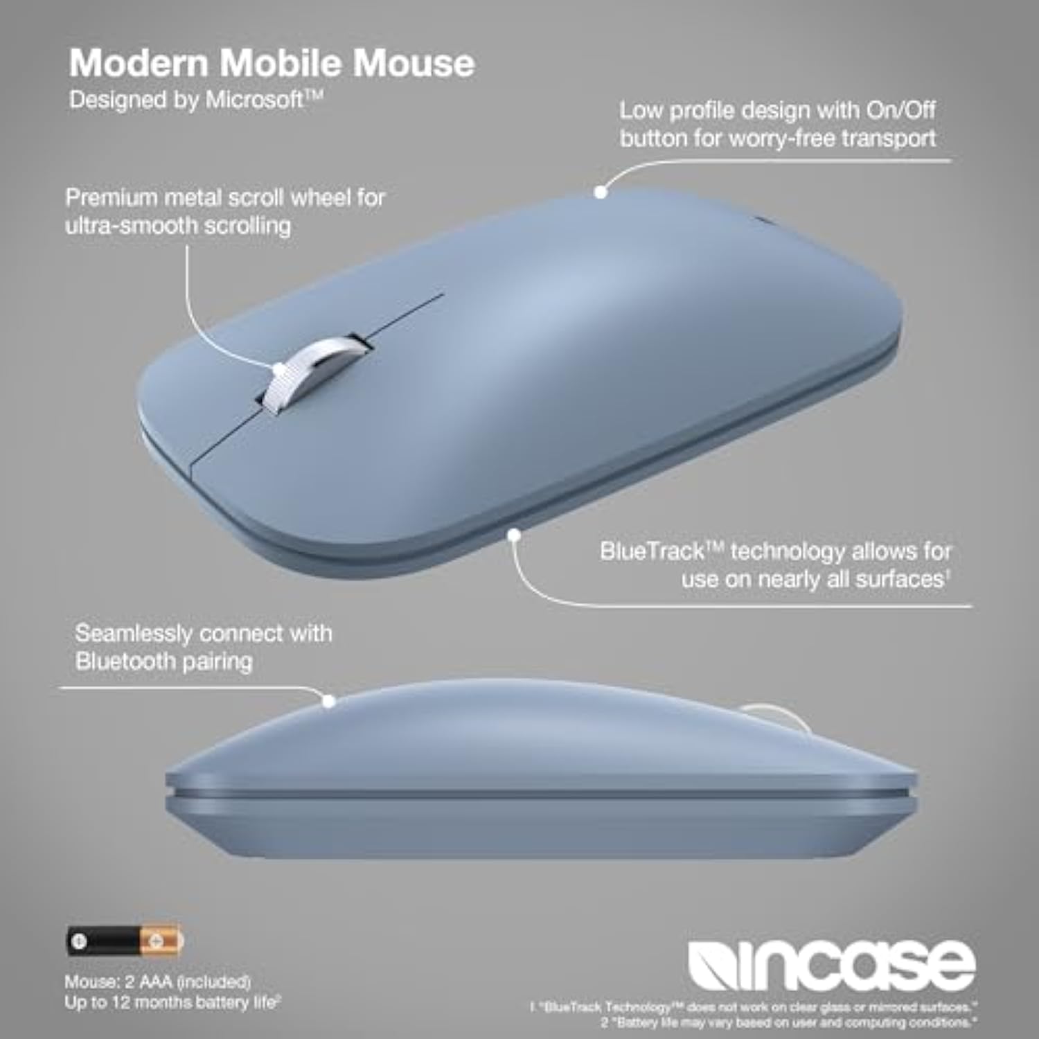Incase Modern Mobile Mouse – Designed by Microsoft – Lightweight, Precision Navigation, Right/Left Hand Use, Scroll Wheel, BlueTrack Technology, Wireless Bluetooth for Mac/Windows/8/10/11 (Ice Blue)