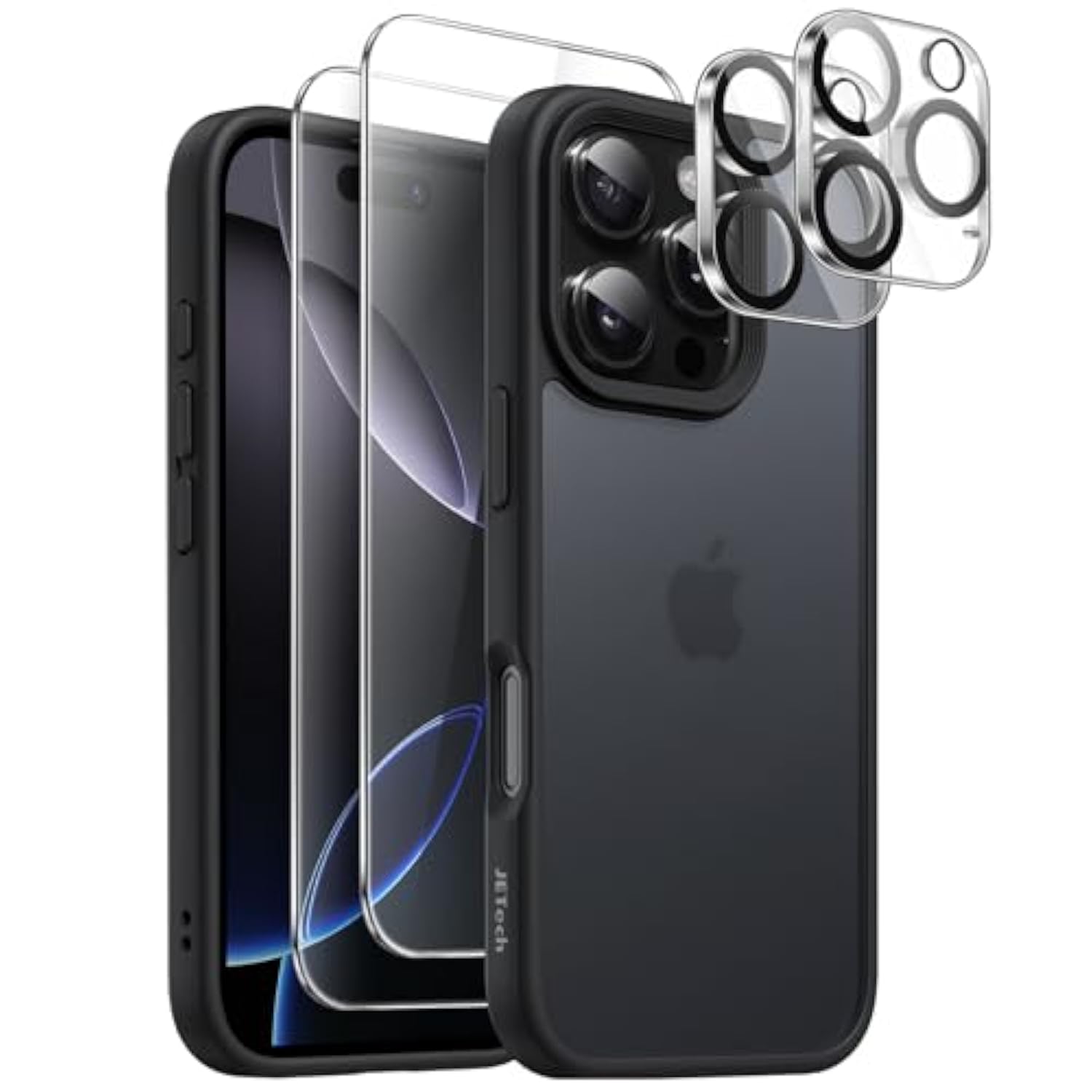 JETech 5 in 1 Matte Case for iPhone 16 Pro 6.3-Inch with 2-Pack Each Tempered Glass Screen Protector and Camera Lens Protector, Translucent Back Shockproof Phone Cover (Black)