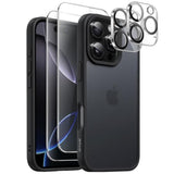 JETech 5 in 1 Matte Case for iPhone 16 Pro 6.3-Inch with 2-Pack Each Tempered Glass Screen Protector and Camera Lens Protector, Translucent Back Shockproof Phone Cover (Black)