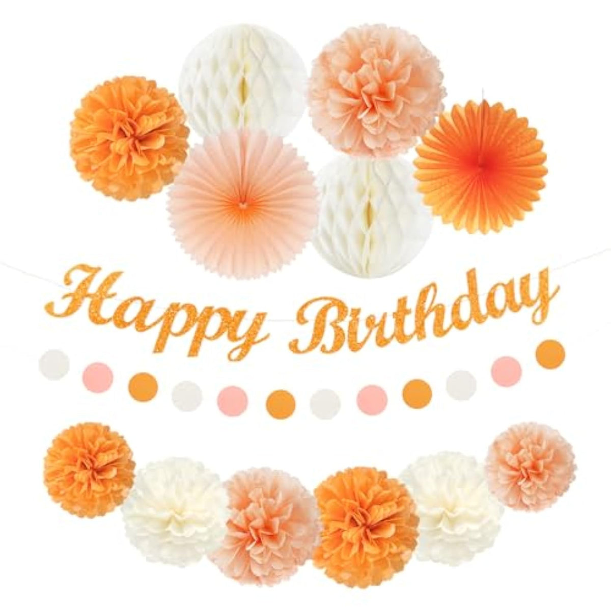 Orange Hippie Birthday Party-Decorations Paper-Flowers - 14Pcs Happy Banner Fall Honeycomb Tissue Pom Poms,Boho Streamers Garland Fans,Sweet Peach Groovy Sunset Groovy Hanging Supplies Decor