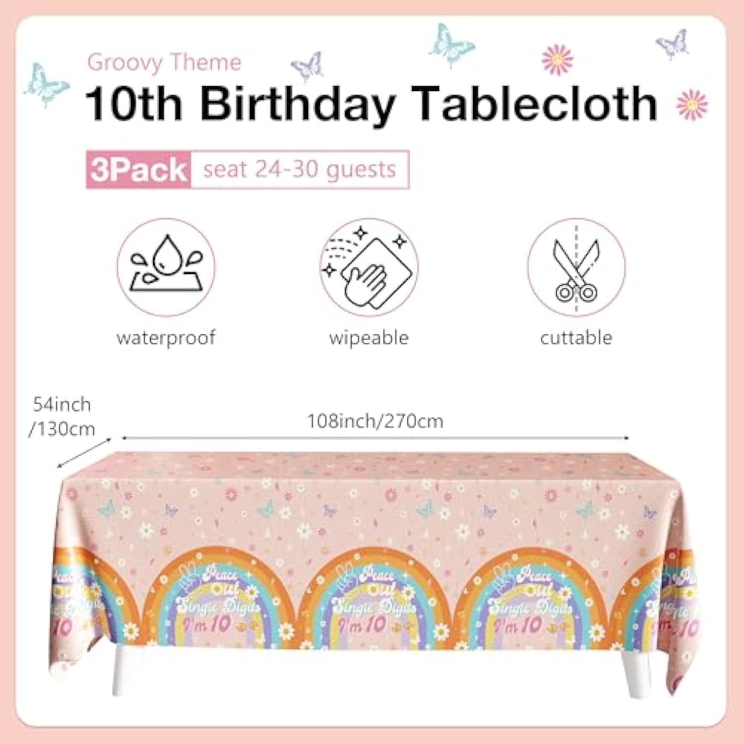 10Th Birthday Decorations For Girl, 3 Pack Peace Out Single Digits Party Decor Tablecloths, Double Digits Birthday Disposable Plastic Table Covers 54X108 Inch, Groovy Themed Party Supplies