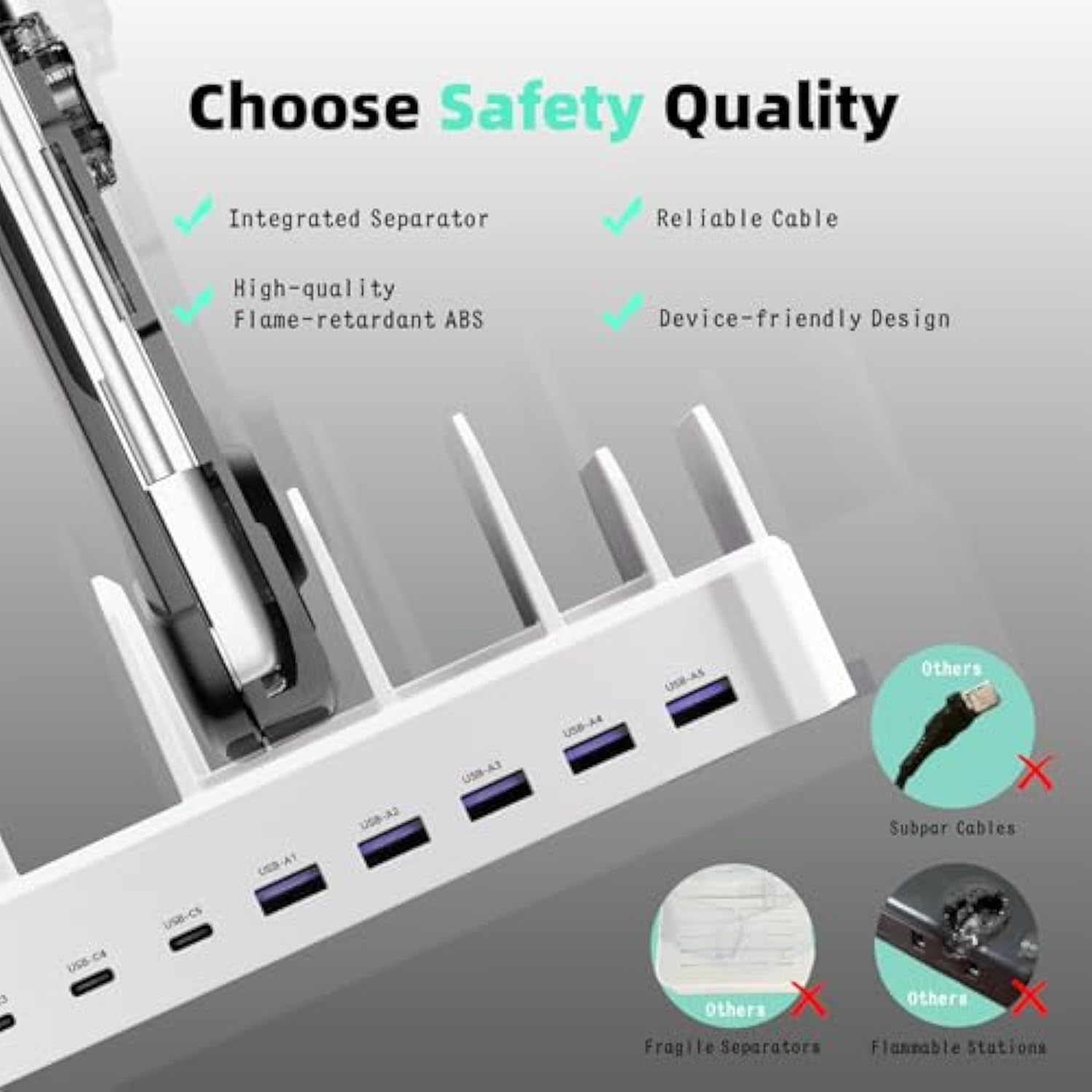 320W Charging Station For Multiple Devices, 10-Port Usb C Fast Charger Stations For Macbook, Iphone, Android Cell Phone, Ipad, Tablet, Family Multi-Device Organizer Charging Dock, White