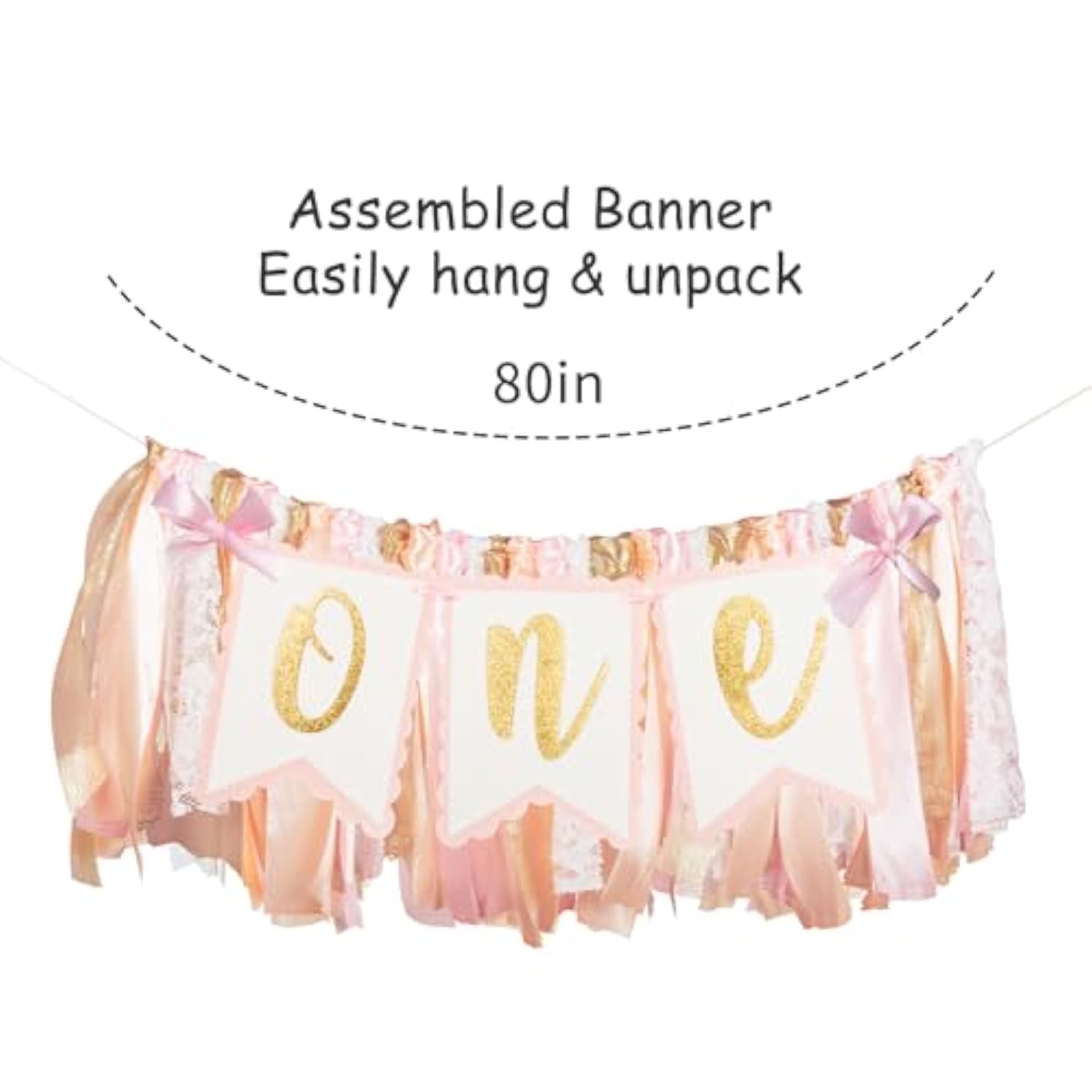 Pre - Strung Pink Highchair Banner - 1St One Birthday Highchair Banner For Princess Girls One Baby Shower Room Party Decor