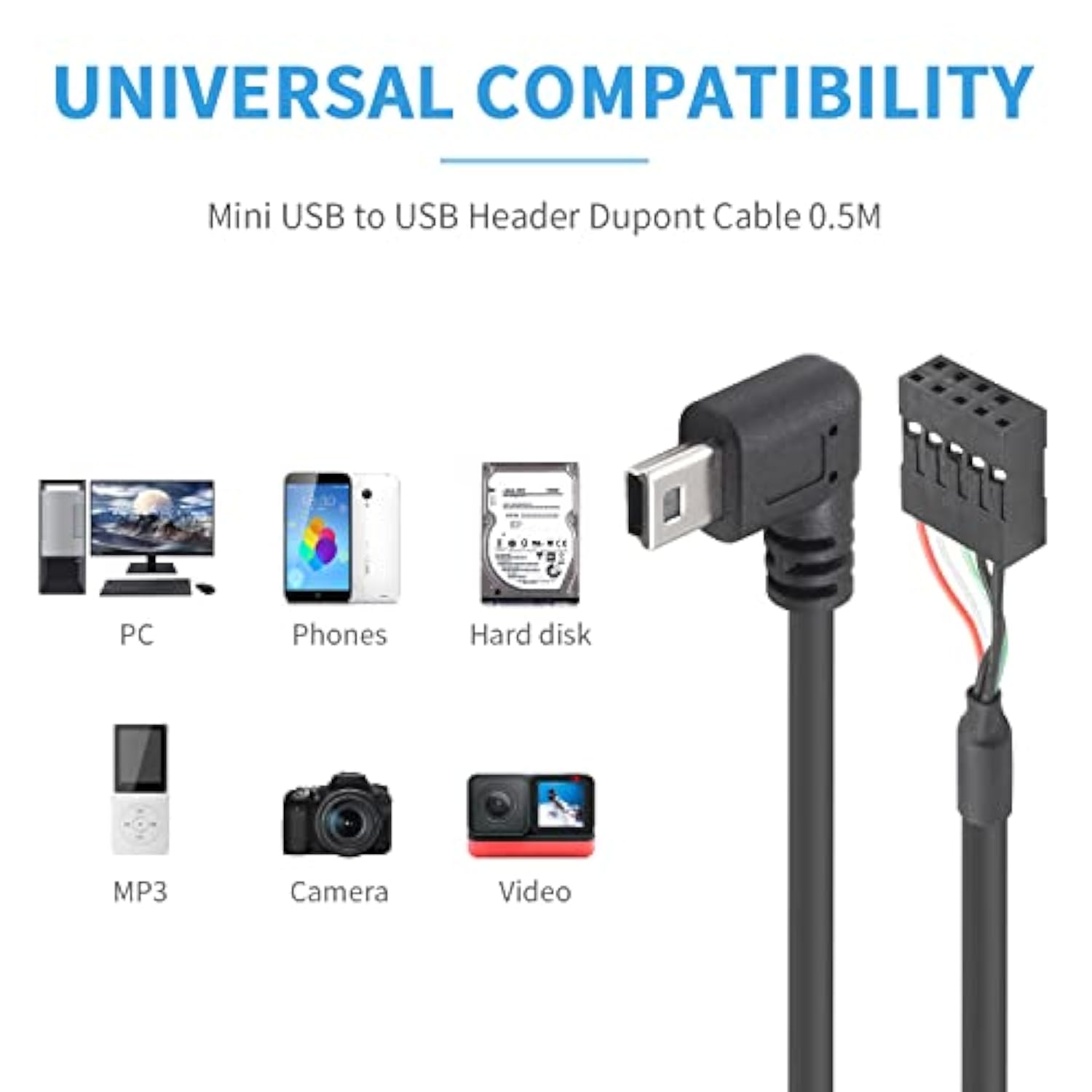 Mini Usb To Motherboard Cable, Usb Header To Mini Usb, 90 Degree Left Angled M
