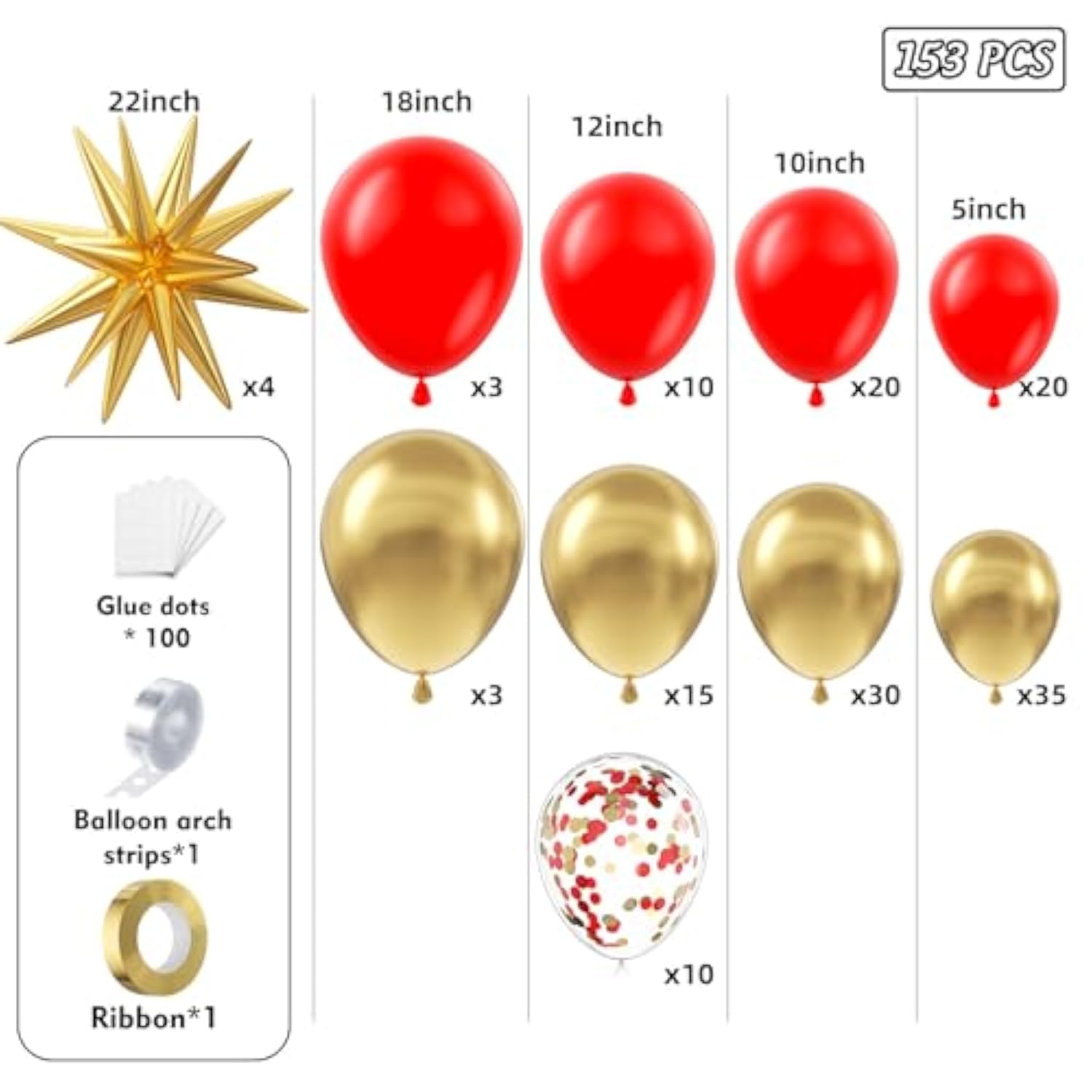 153Pcs Red And Gold Balloons Garland Arch Kit With Stars - 22 18 12 10 5 Inch Different Size Red Metallic Gold Confetti Latex Balloon For Birthday Valentine'S Day Wedding Party Decorations