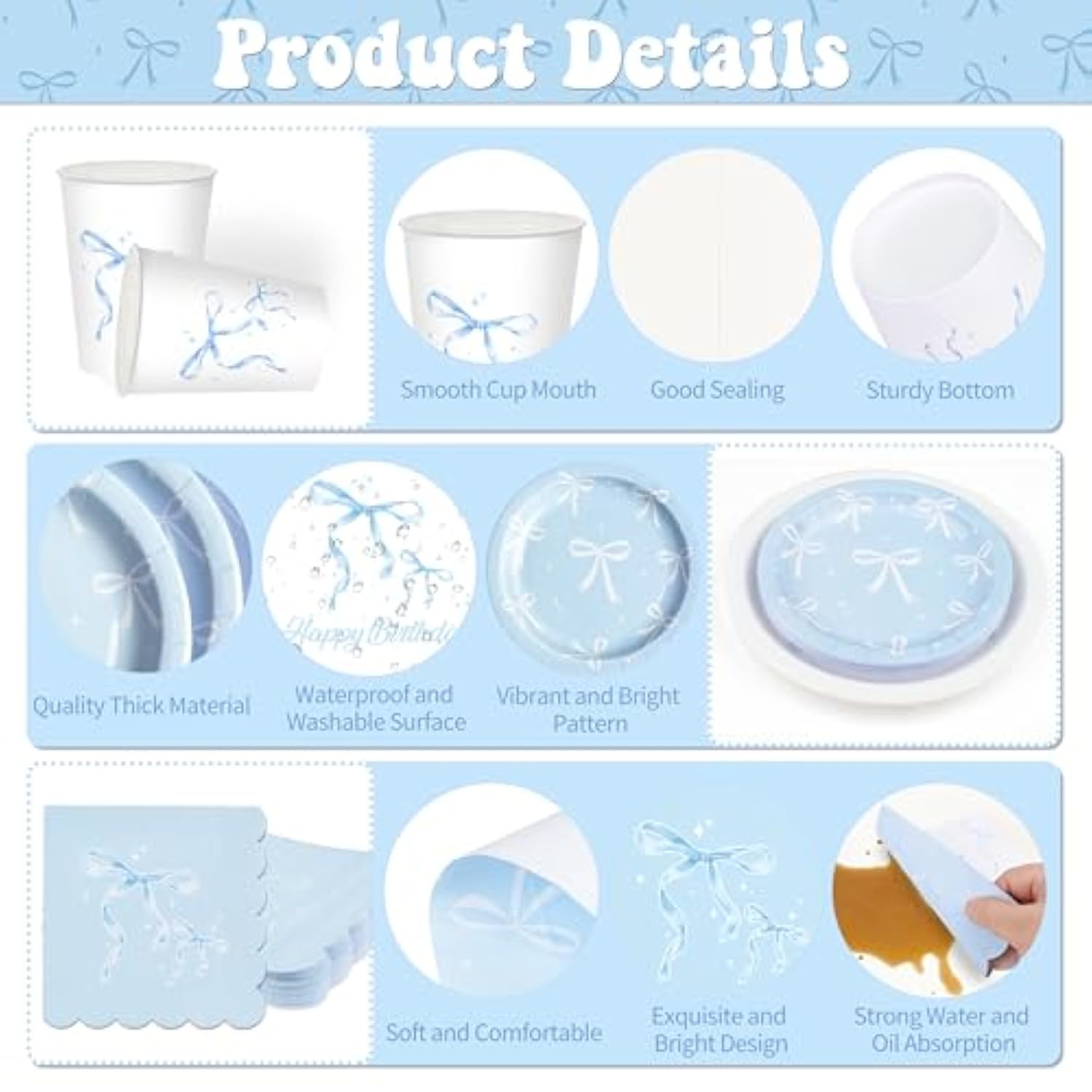 Blue Bow Birthday Party Supplies, 220Pcs Coquette Birthday Decorations Includes Bow Plates Napinks Cups Straws Cutlery Tablecloths Banners And Balloons Blue Bow Theme Tableware Serves 24 Guests