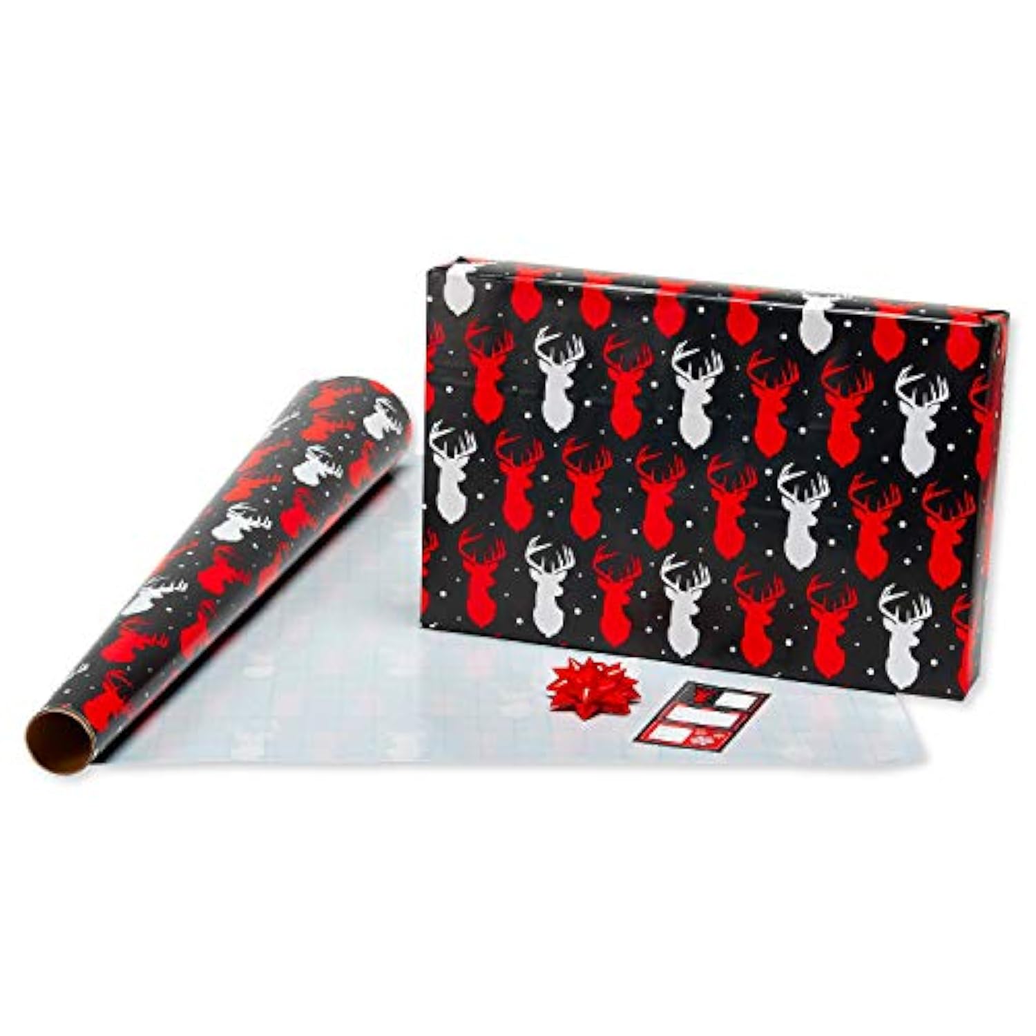 Christmas Wrapping Paper, Red And Black Buffalo Plaid Holiday Gift Wrap Set (120 Sq.Ft., 4 Rolls-30 In. X 12 Ft., 7 Adhesive Bows, 30 Gift Tag Stickers) Rustic, Snowflakes, Reindeer
