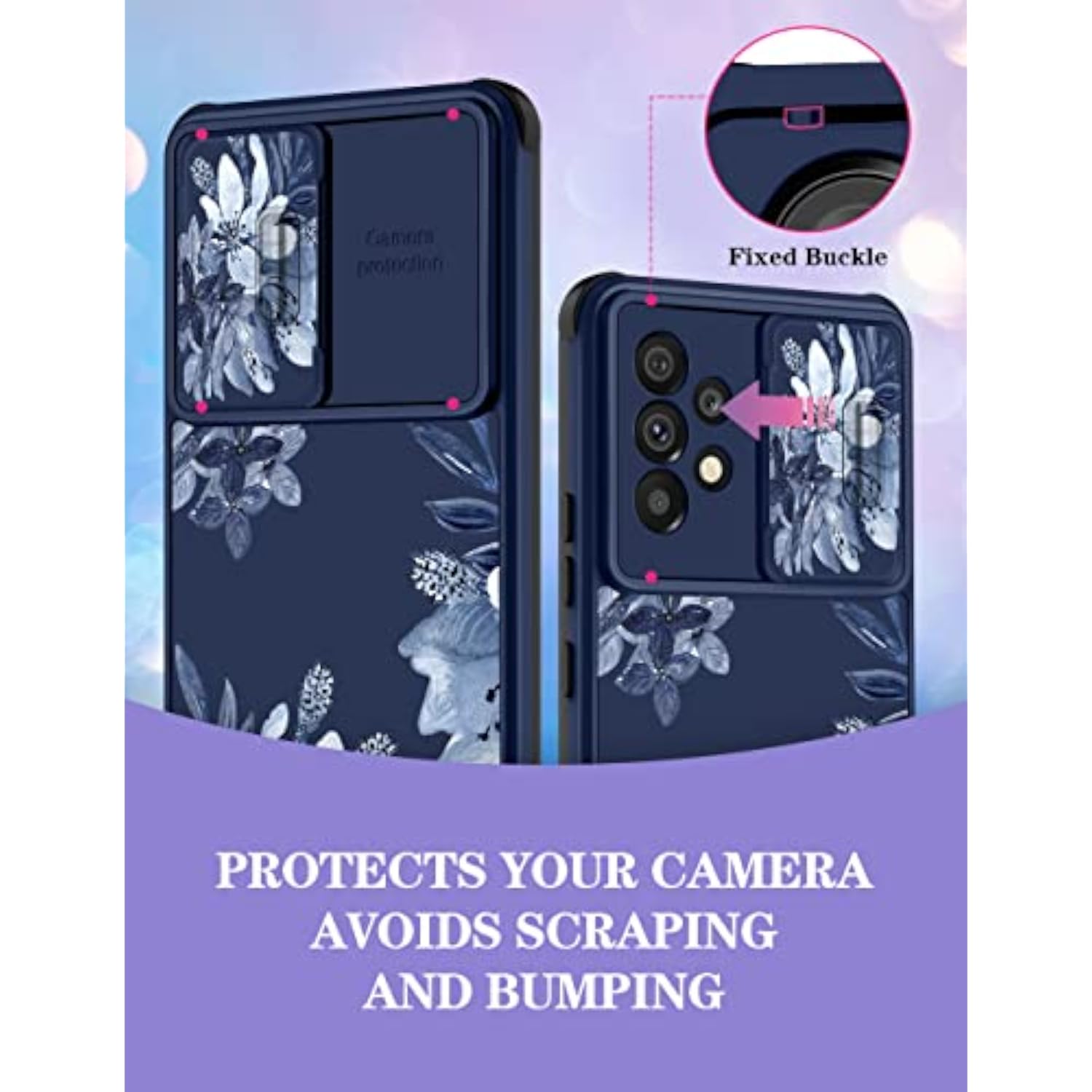 Floral Phone Case for Samsung Galaxy A53 5G - Cute Blue Flowers Design with Slide Camera Cover