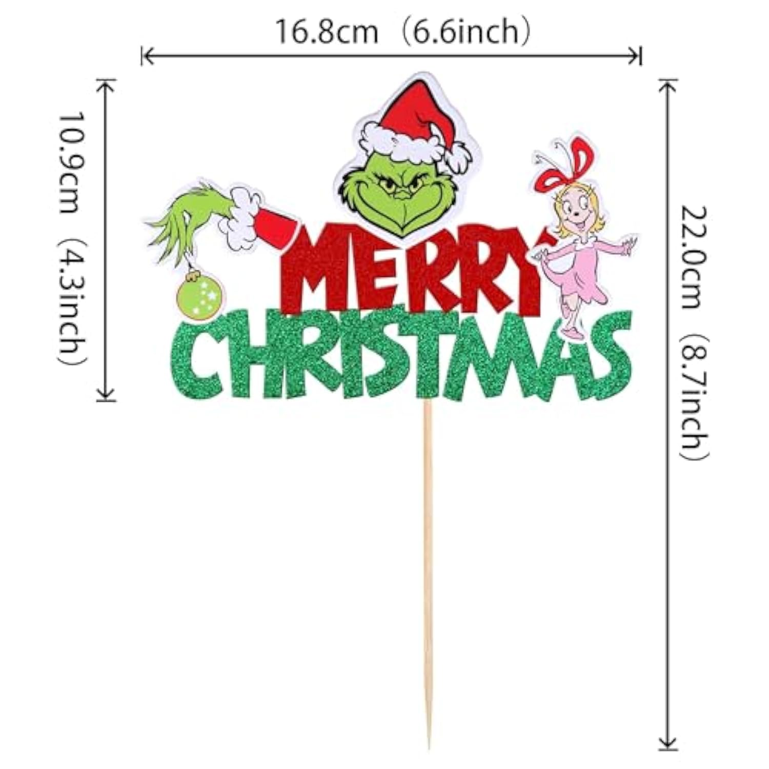 Glitter Green Merry Christmas Cake Topper Hand Pick Party Decor
