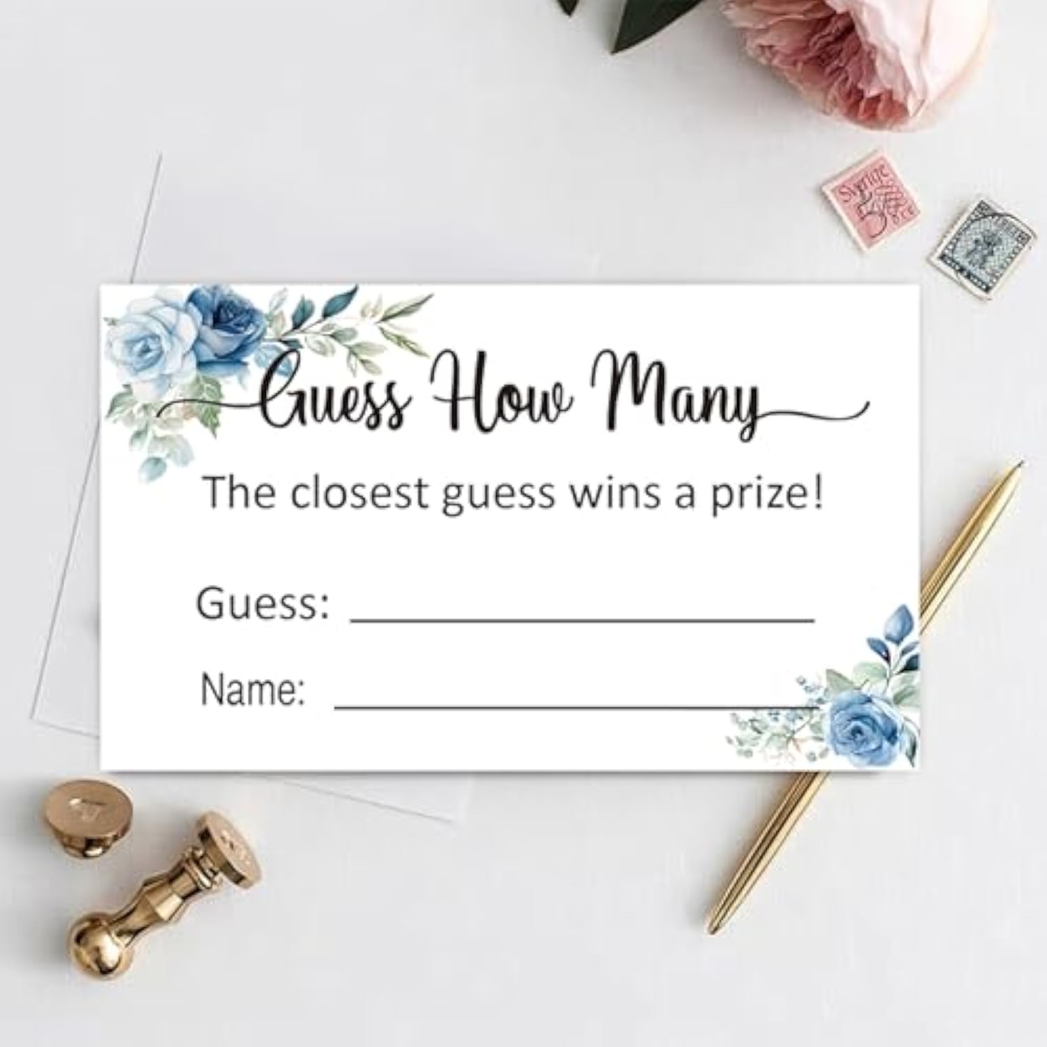 Guess How Many Game Cards, Baby Shower Bridal Shower Game Cards (Blue Rose) (3.5" X 2" 50 Pieces)