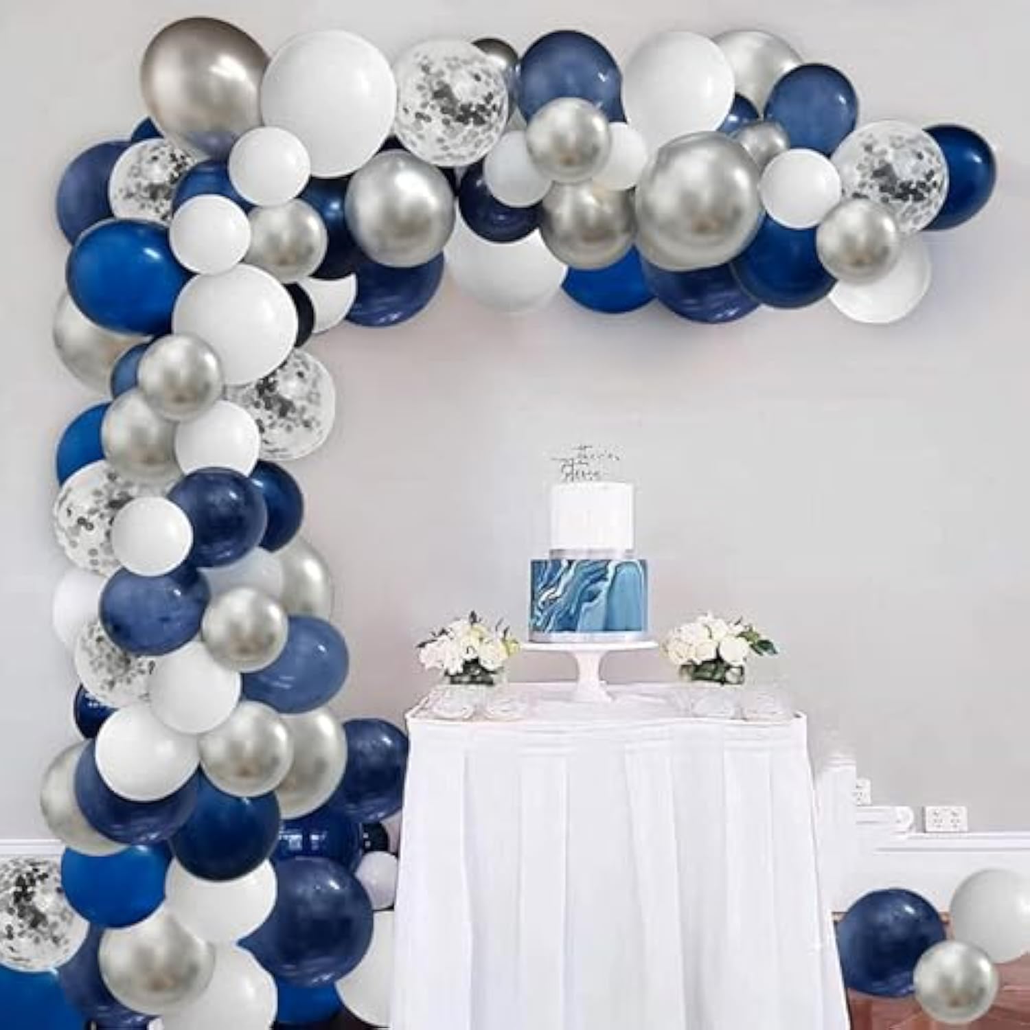 124pcs Blue Silver White Balloon Arch Kit for Birthday, Wedding, Graduation