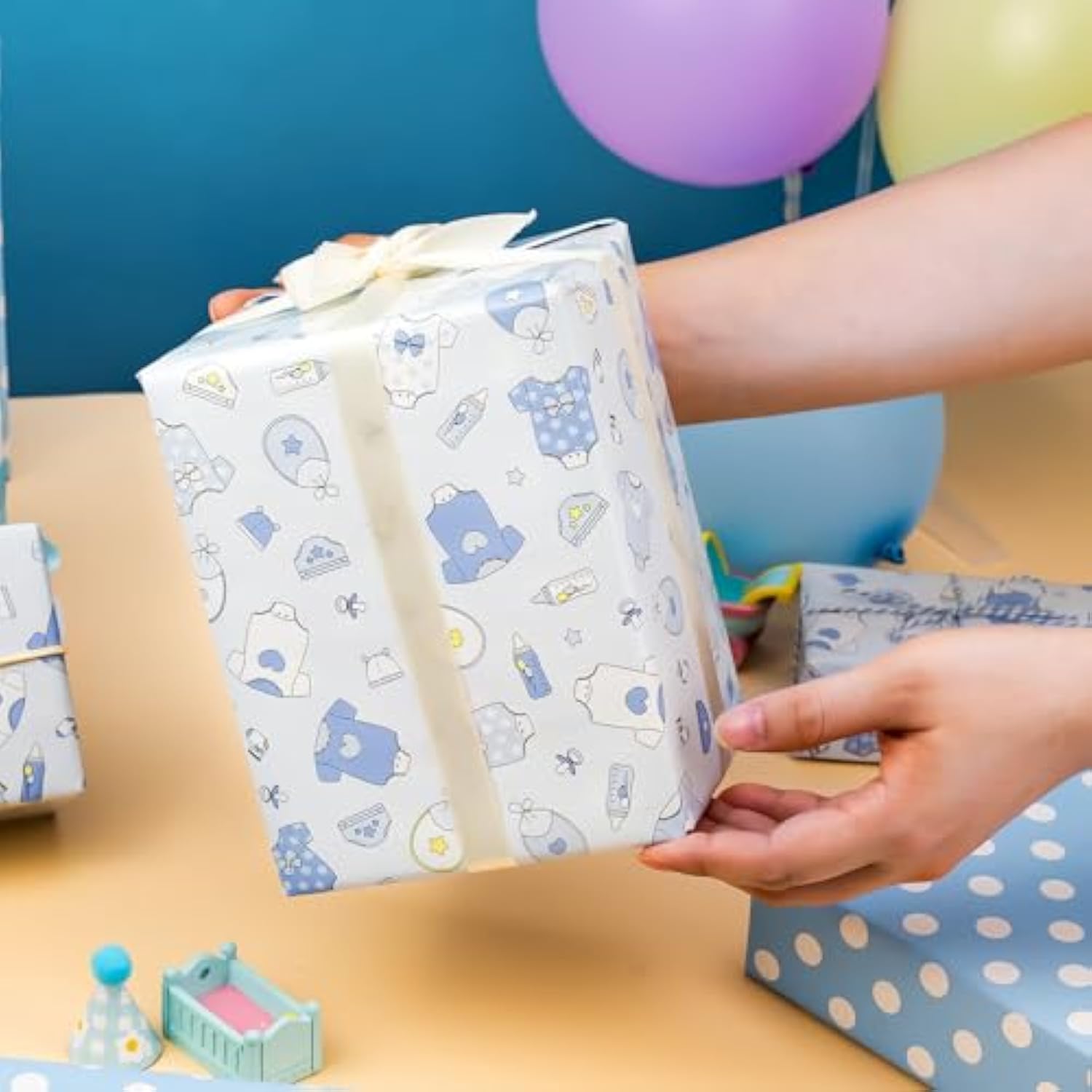 Newborn Baby Wrapping Paper Roll - 17Inch X 33Feet - Cute Baby Blue Boy Snapsuit And Bottles Design Gift Wrap Baby Shower Presents Sheet For New Baby, Birthday, Celebration And Party