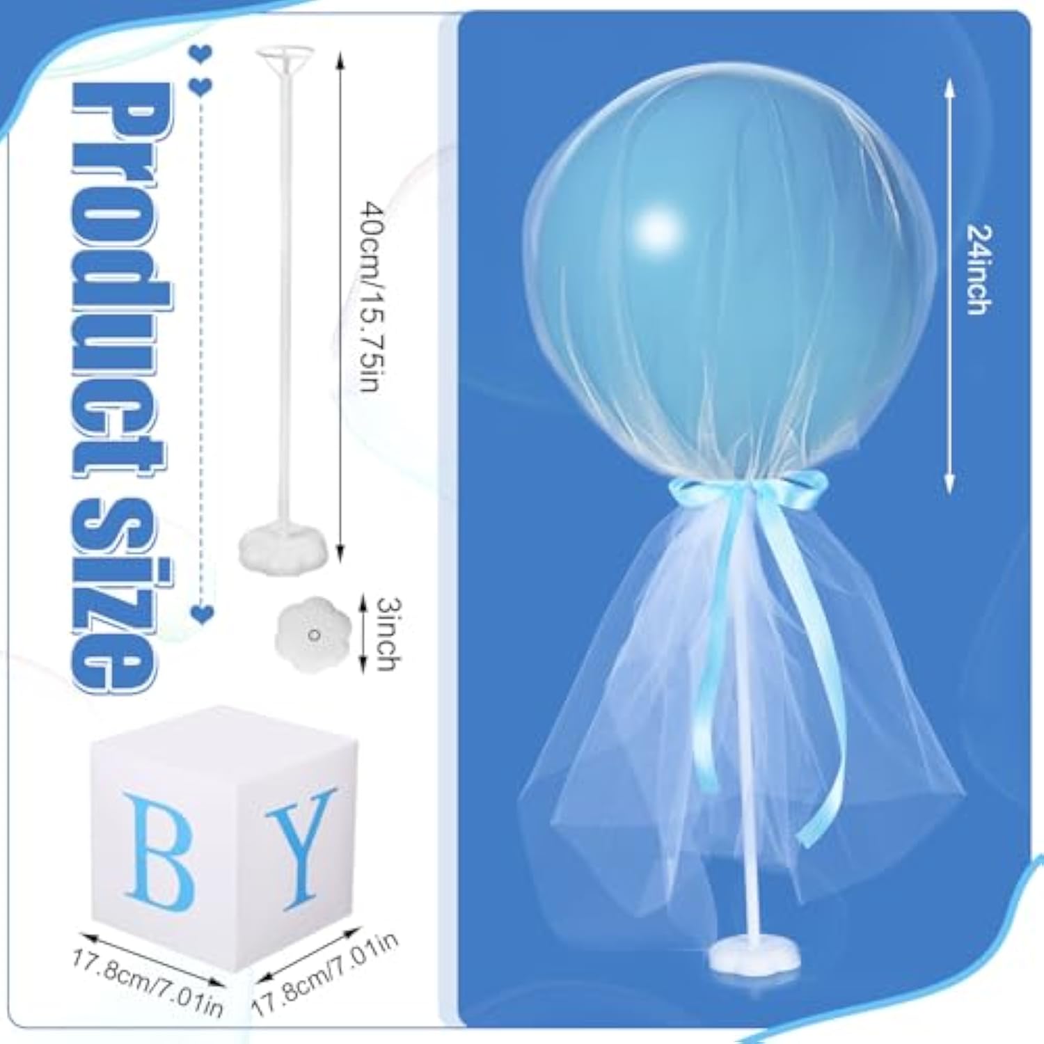 4 Set Blue Boy Tulle Tutu Balloon With Letter Boxes Baby Shower Table Centerpieces Decor For Gender Reveal 24'' Balloons White Tulle Cover With Stand, Boxes For Girl Boy Wedding Birthday Party
