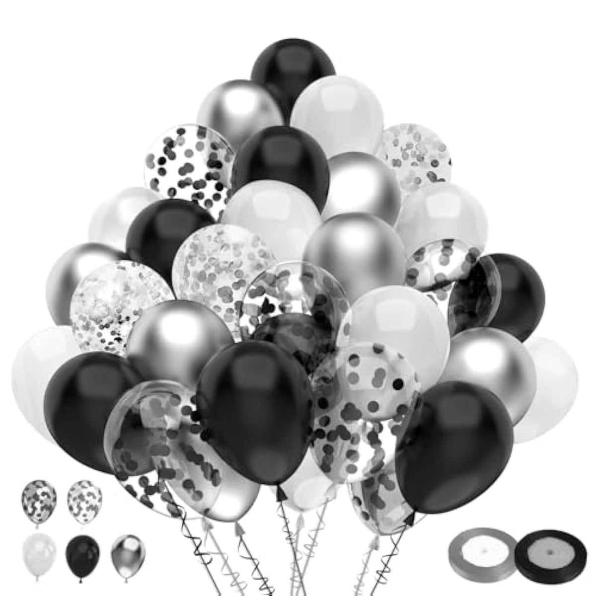 100Pc 12" Black, Metallic Silver, & Glitter Confetti Balloons Set Party Decor