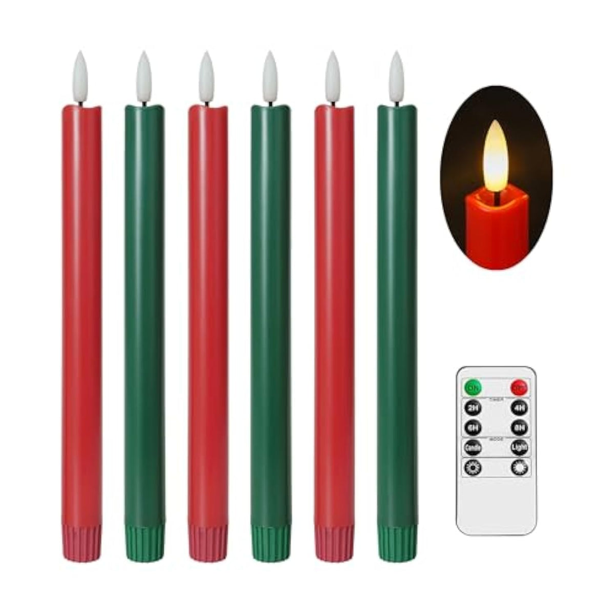 Green And Red Flameless Taper Candles With Remote Control - 10 Inch Led Candlesticks Battery Operated, Realistic 3D Flame With Wick, Timer, 6 Pack Holiday Candles Christmas Decor