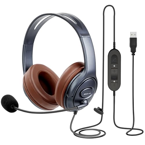 Noise Canceling USB Headphones with Microphone & in-Line Controls for Dragon Dictation, Over Ear PC Headphones for Office Work from Home Skype Teams