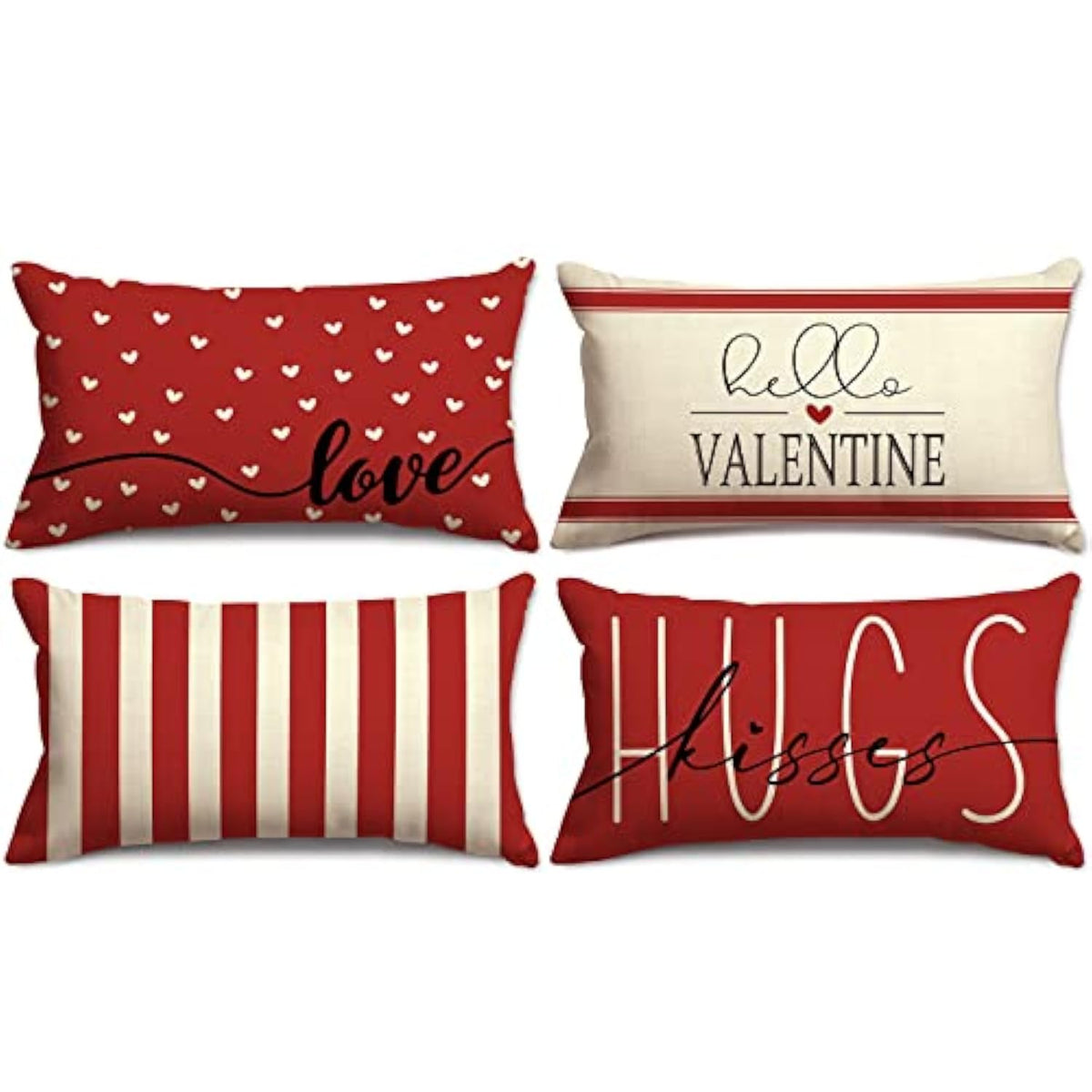 Valentine'S Day Rectangle Pillow Covers Red White Sweet Love Throw Pillow Case 12 X 20 Inch Hearts Stripes Love Cushion Cover For Home Couch Sofa Wedding Anniversary Decoration, Set Of 4