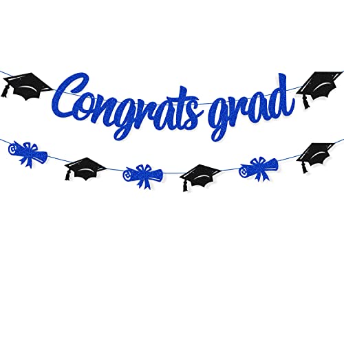 Congrats Grad Banner Class of 2026 Cap Diploma Themed Graduation Party Supplies for High School College Senior 2026 Celebratory Decorations (Blue)