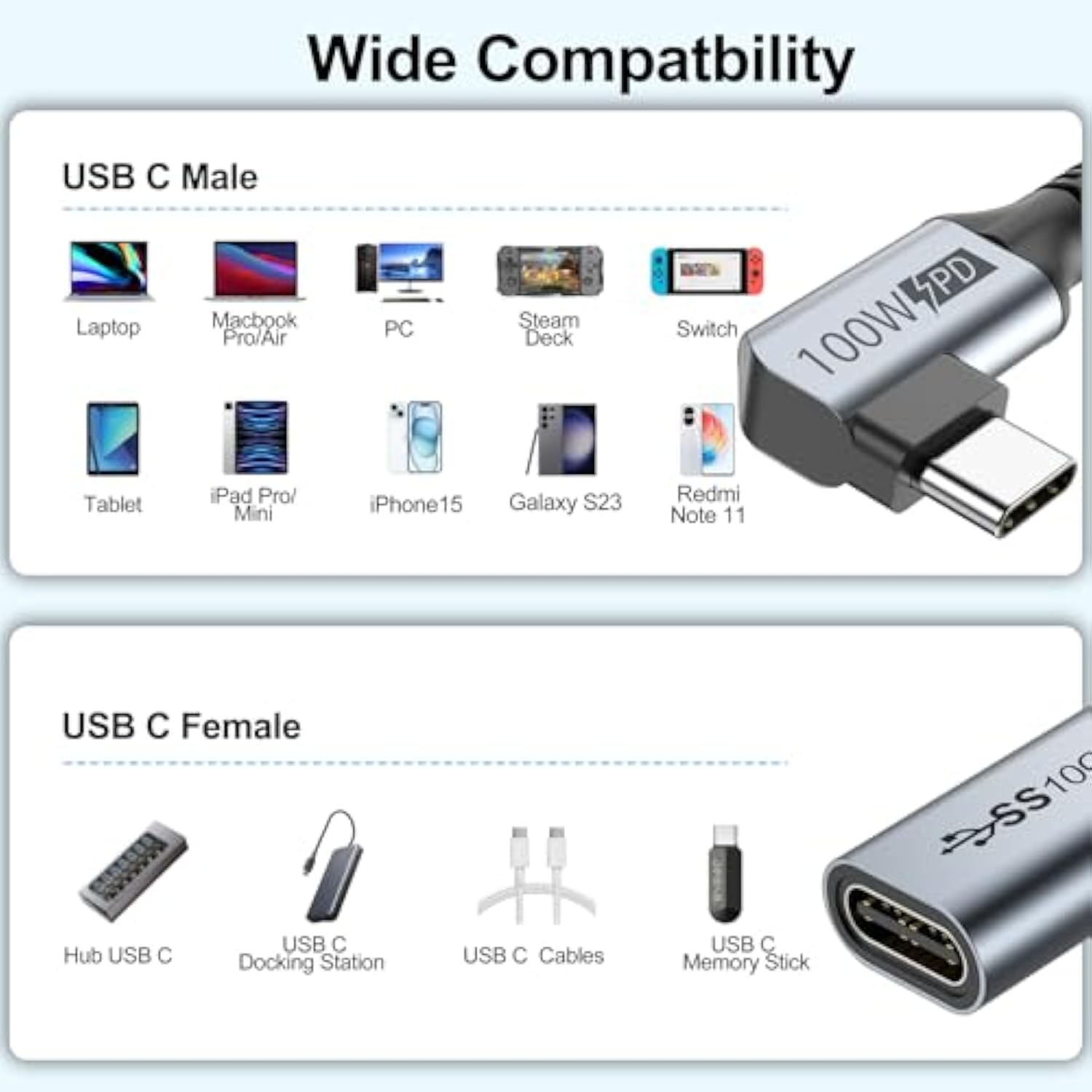 Small Usb C Extension Cable 1Ft, Short Usbc Extender Right Angle Cord, Usb 3.2 (10Gbps) Male To Female 100W Pd Charging 4K Video For Macbook Pro/Air,Usbc Hub,Microphone,Flash Drive,Docking,Phone,Pc