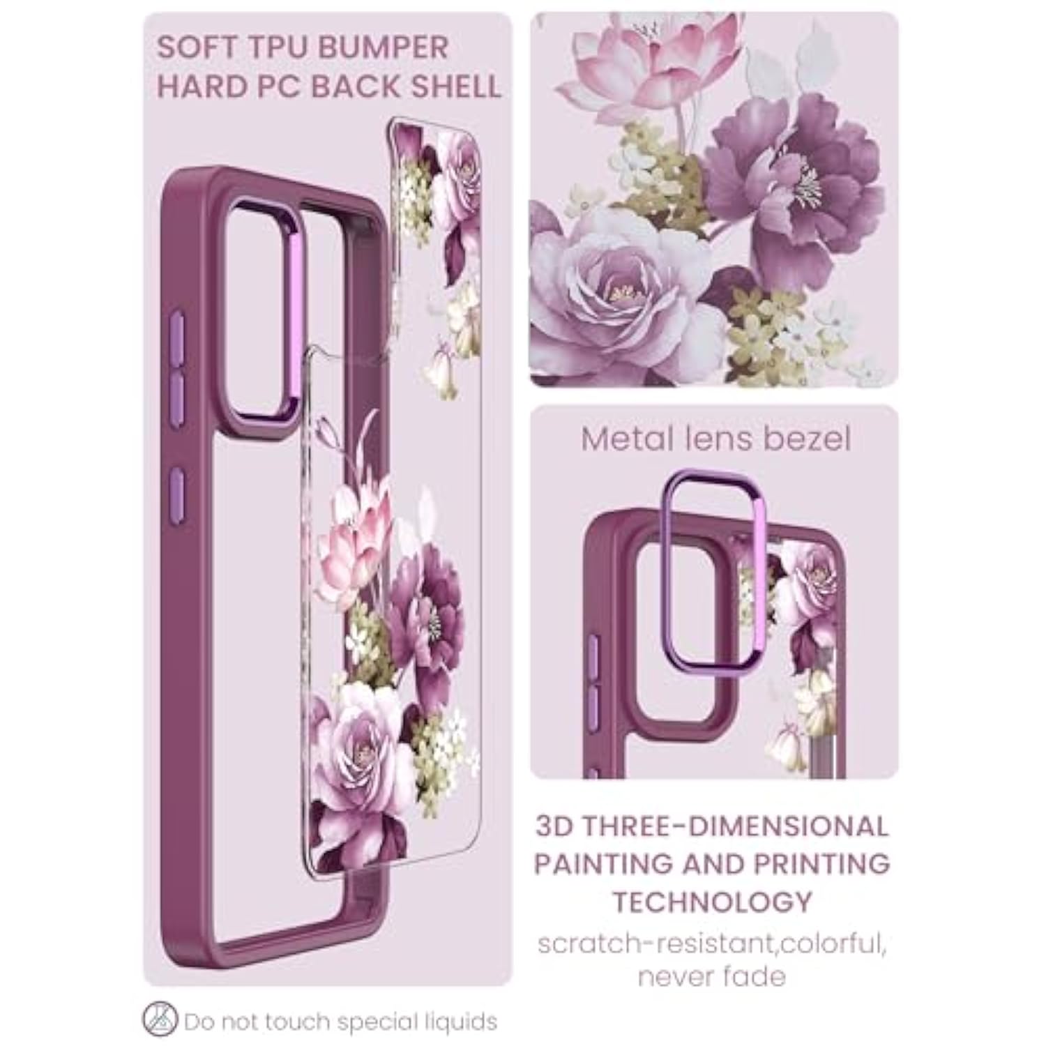 For Samsung Galaxy A52 5G Case, Galaxy A52 Case, Military Grade Drop Tested Hard Back & Soft Edge Slim Flower Women Girls Protective Cover + Tempered Glass Screen Protector (Purple)