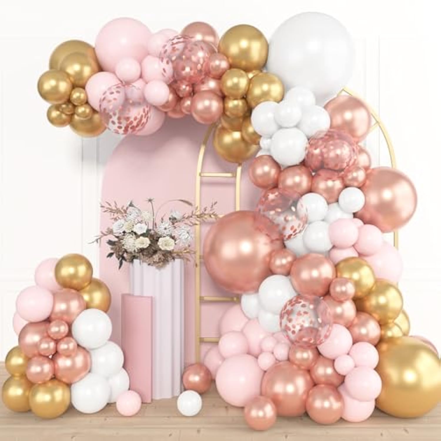 153Pcs Rose Gold Balloon Garland Arch Kit, Different Sizes 18 12 10 5 Inch Pink White Gold Latex Metallic Confetti Balloons For Girls Graduation Birthday Bridal Baby Shower Party Decorations