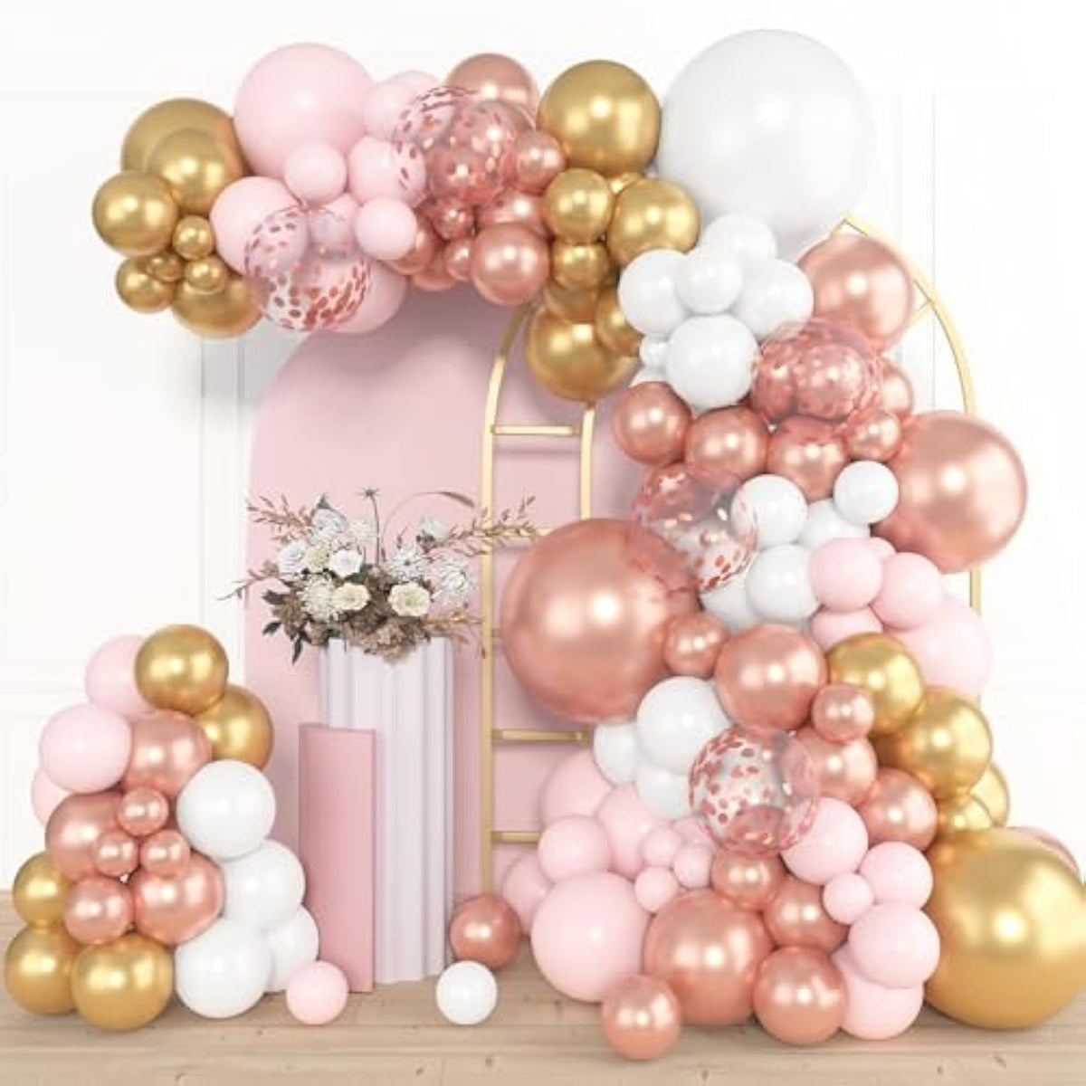 153Pcs Rose Gold Balloon Garland Arch Kit, Different Sizes 18 12 10 5 Inch Pink White Gold Latex Metallic Confetti Balloons For Girls Graduation Birthday Bridal Baby Shower Party Decorations