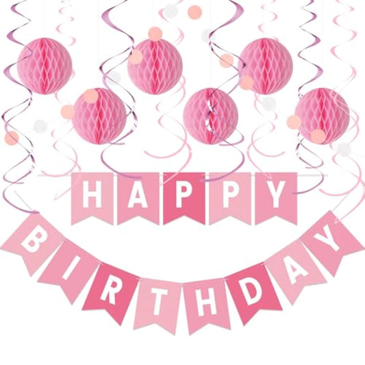 Pink Birthday Decorations Kit - 16-Piece Set With Pre-Strung Happy Birthday Banner, Honeycomb Balls, Garland & Swirls | Pink Theme Party Supplies For Women Girls Kids, Teens Adults