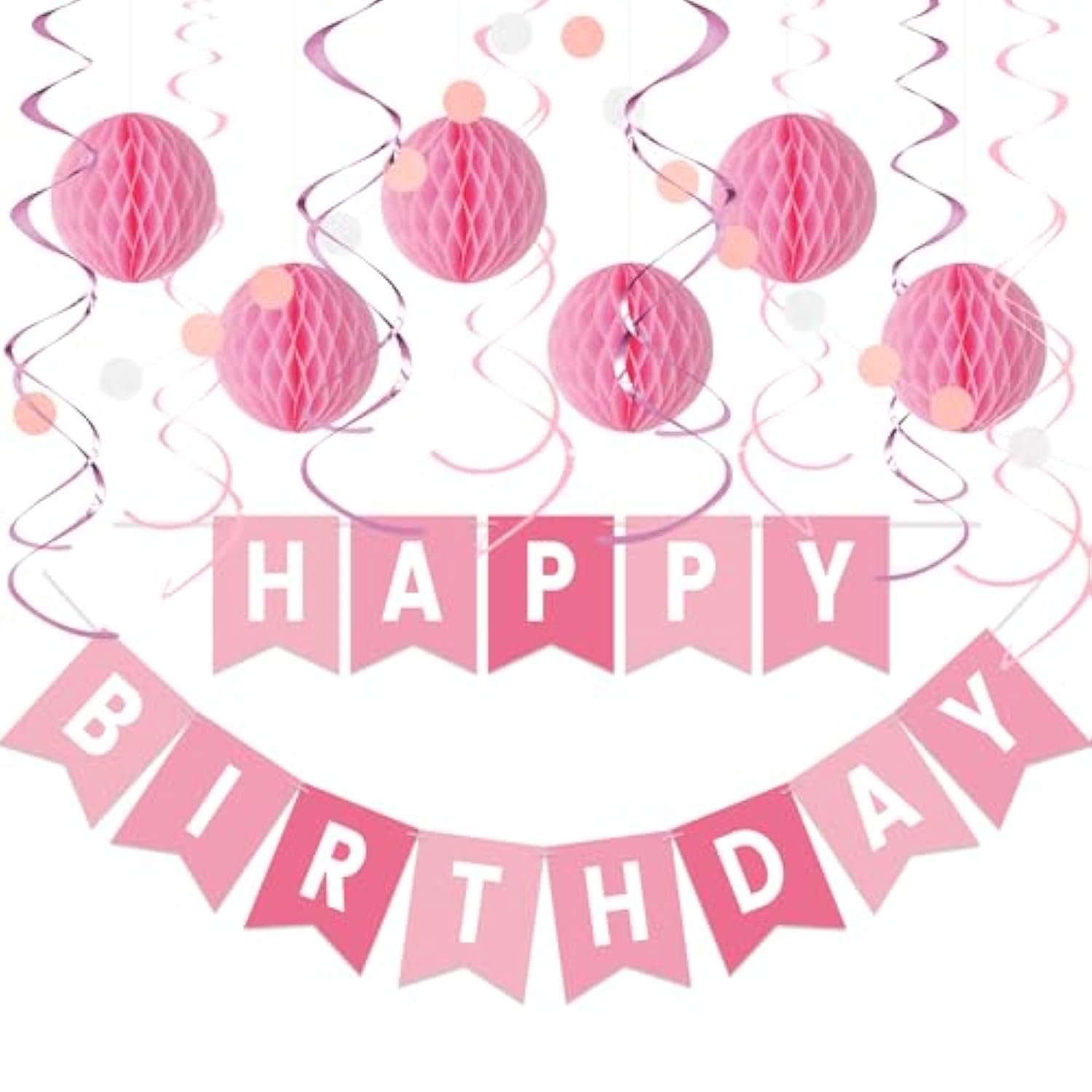 16pcs Pink Birthday Kit with Banner, Honeycomb Balls, Garland & Swirls Decor